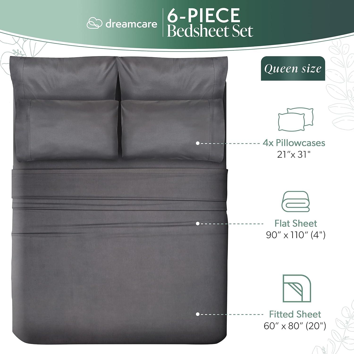DREAMCARE - Bed Sheets Set - Queen Size Sheet with Side Pocket - 4pcs Set, 15 inches, Dark Gray