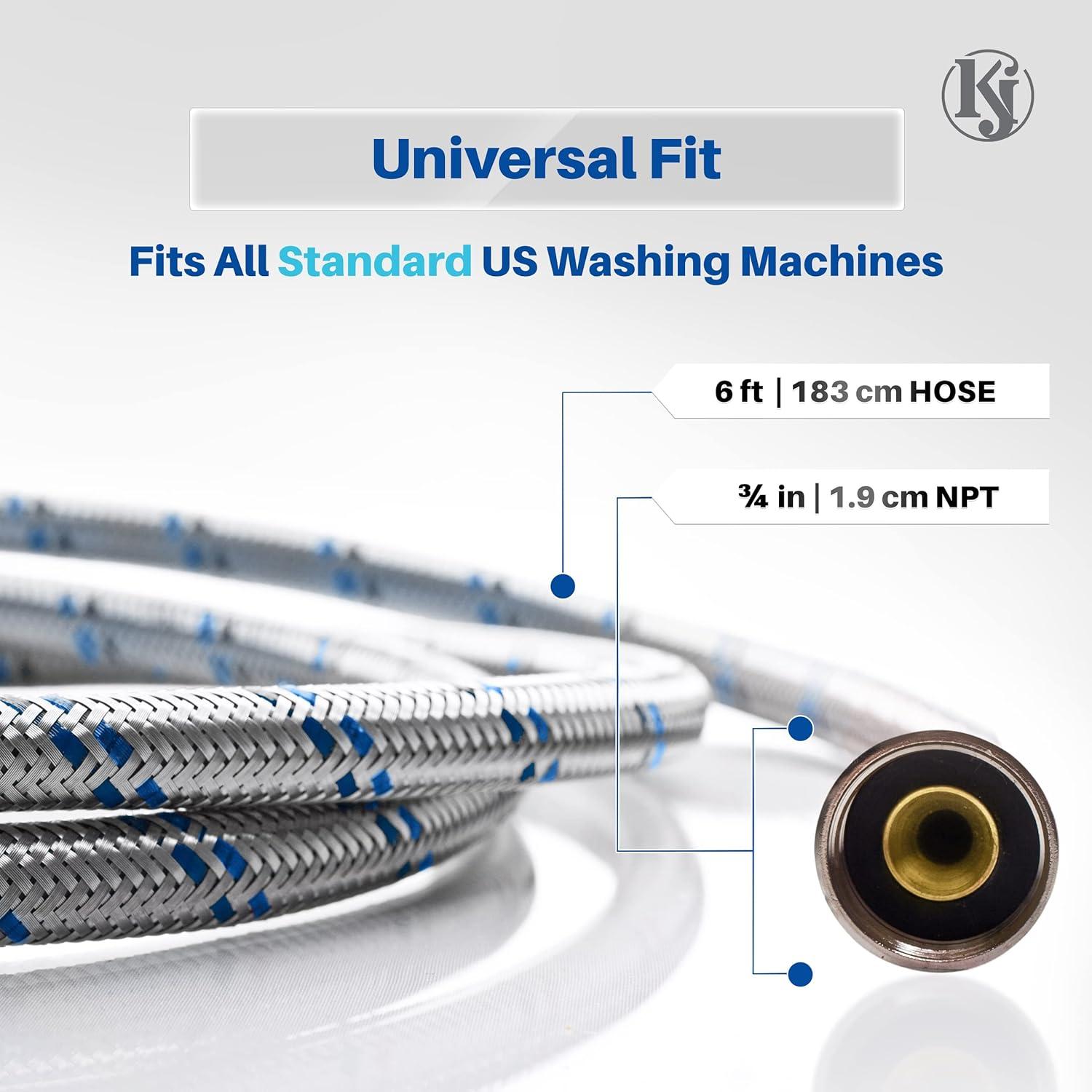 K&J Premium 4ft Stainless Steel Washing Machine Hoses Burst Proof 2 Pack - Hot and Cold Water Supply Hoses for Washing Machines