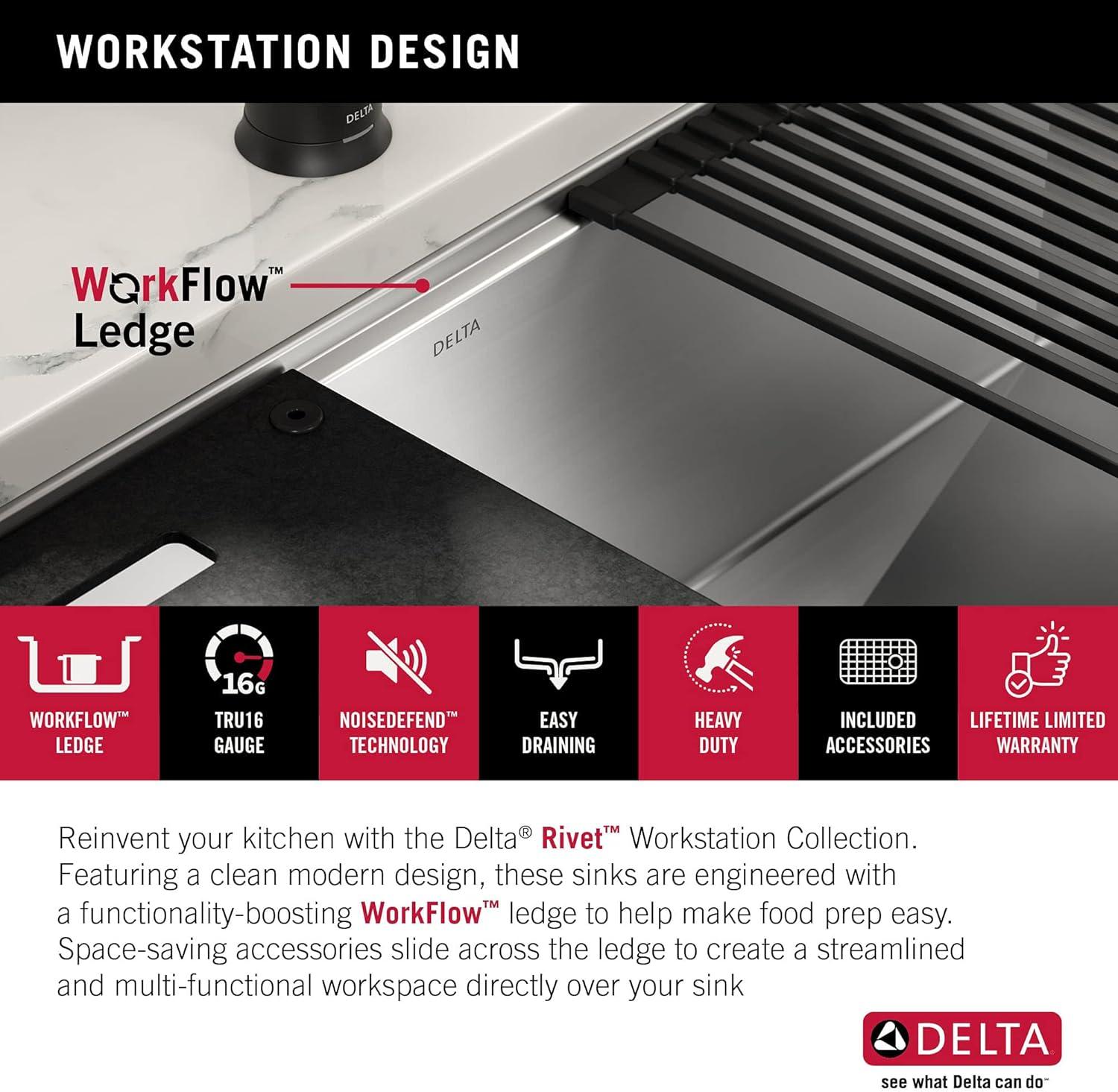 Delta Rivet™ 32" L Workstation Kitchen Sink Undermount 16 Gauge Stainless Steel Single Bowl with WorkFlow™ Ledge