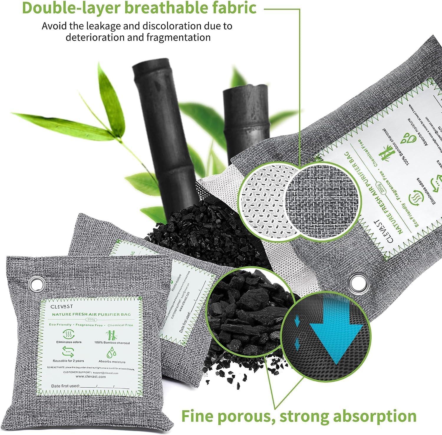 CLEVAST Charcoal Air Purifying Bags (4×200g), Removes Odors and Moisture, Nature Fresh Air Purifier Bags, Odor Eliminator for Home, Car, Pets, Bathroom, Basement