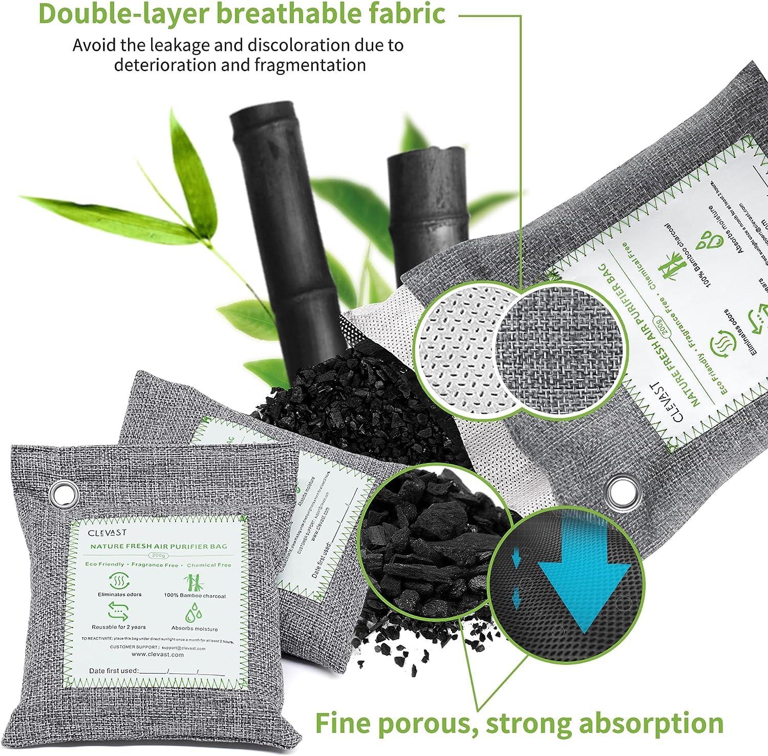 CLEVAST Charcoal Air Purifying Bags (4×200g), Removes Odors and Moisture, Nature Fresh Air Purifier Bags, Odor Eliminator for Home, Car, Pets, Bathroom, Basement