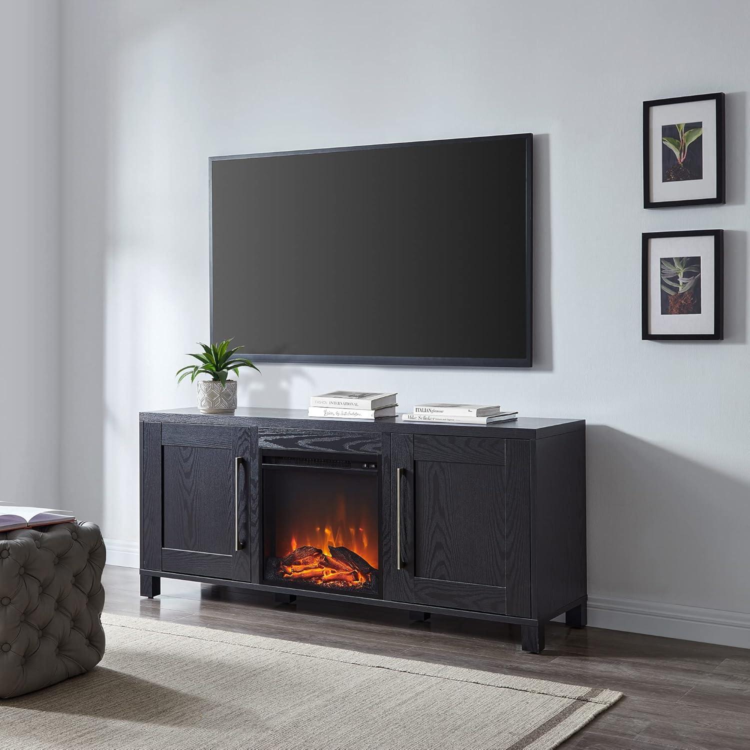 Evelyn&Zoe Chabot Rectangular TV Stand with Log Fireplace for TV's up to 65", Black Grain