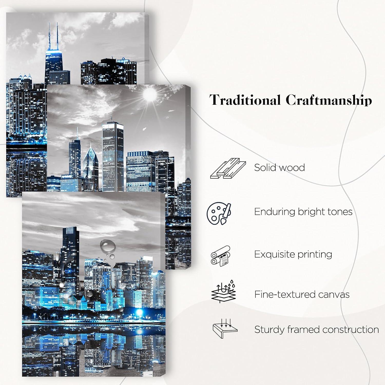 Modern Blue and Gray Chicago Skyline Canvas Wall Art Set