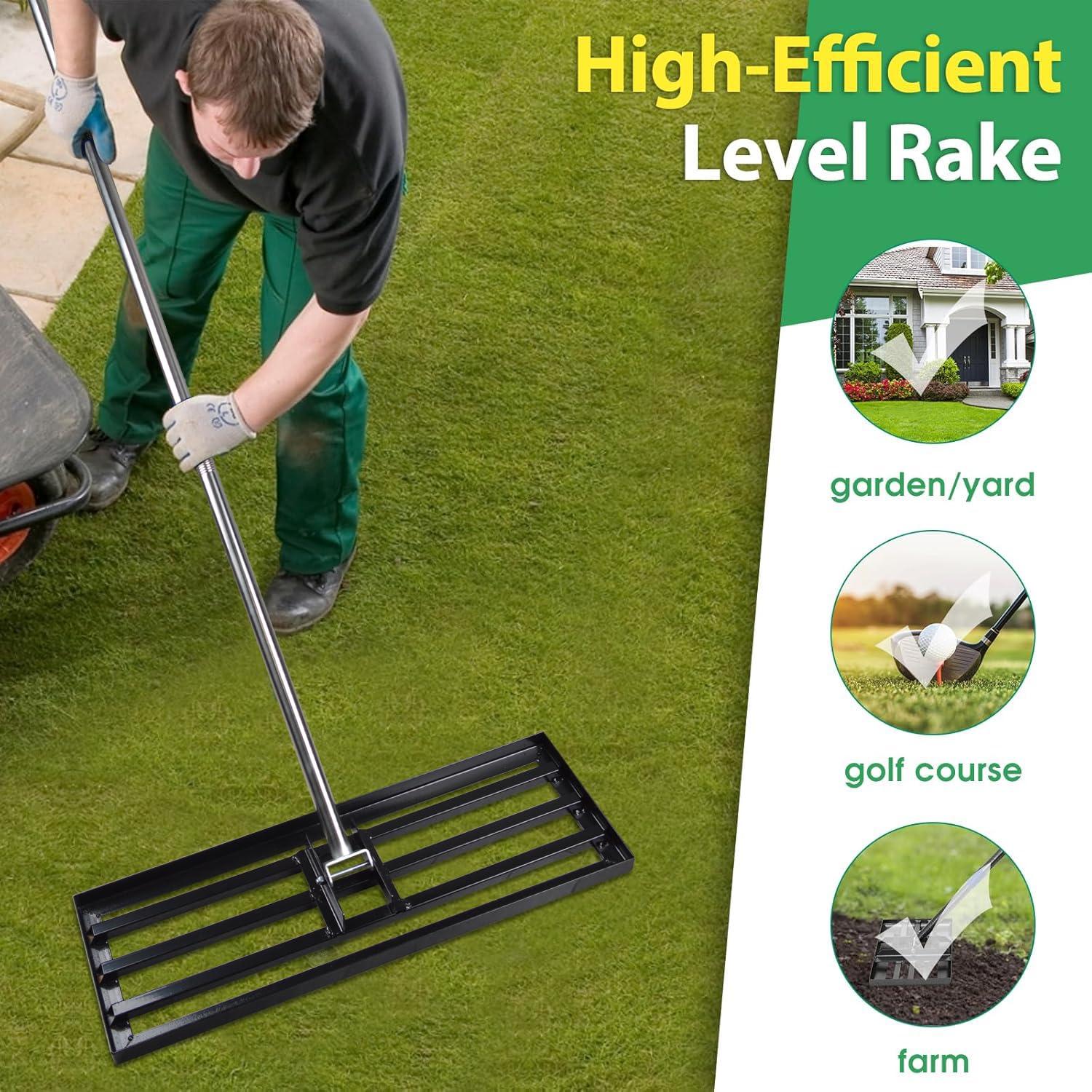 Heavy Duty Black Stainless Steel Lawn Leveling Rake with Adjustable Handle