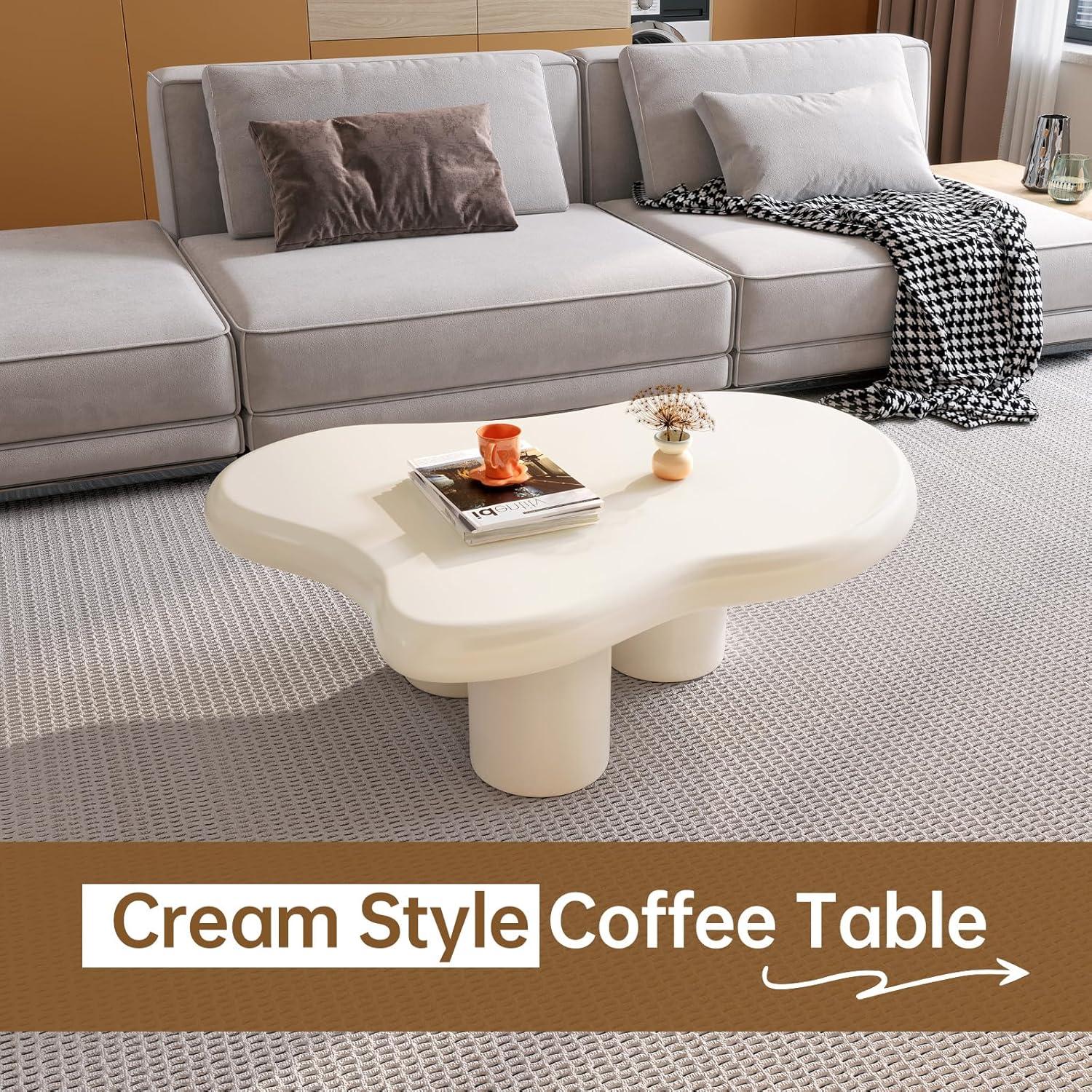 Guyii 41.02" Cream White Cloud Coffee Table, Irregular Coffee Table with 3 Legs for Living Room, Office