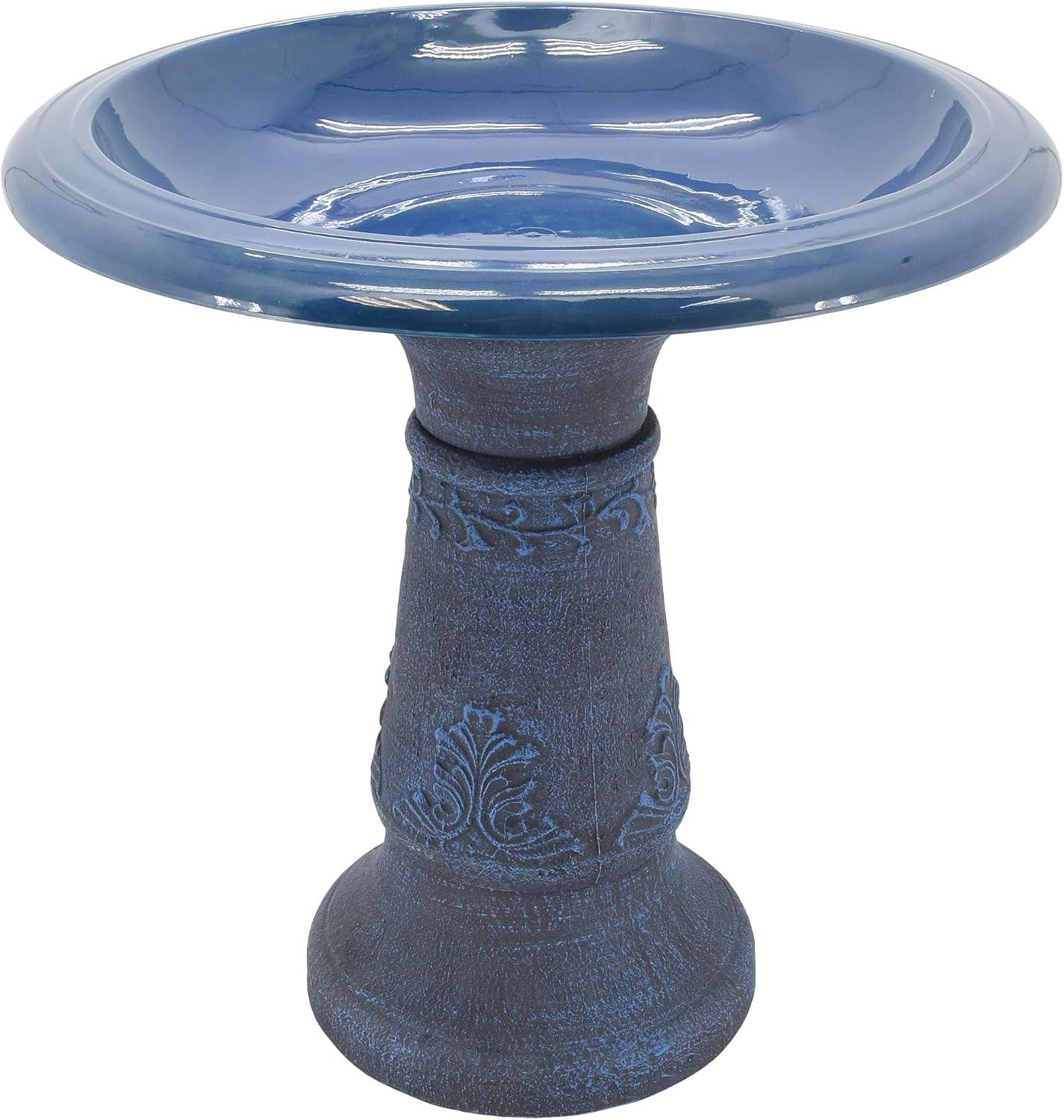 Blue Fiberclay Ornate Floral Birdbath with Stand