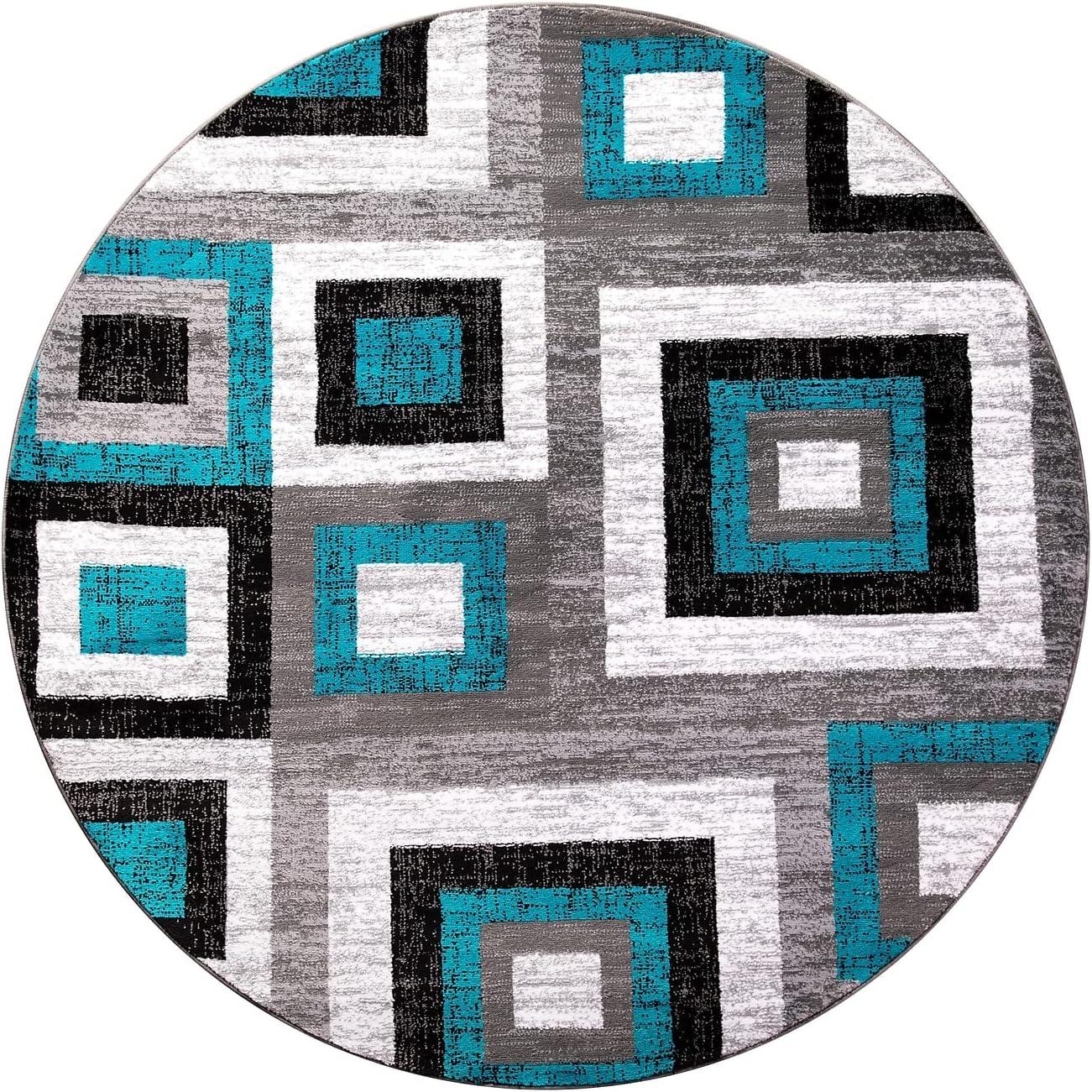 Modern Geometric 8' Round Area Rug in Turquoise, Grey, and White with Cotton Backing