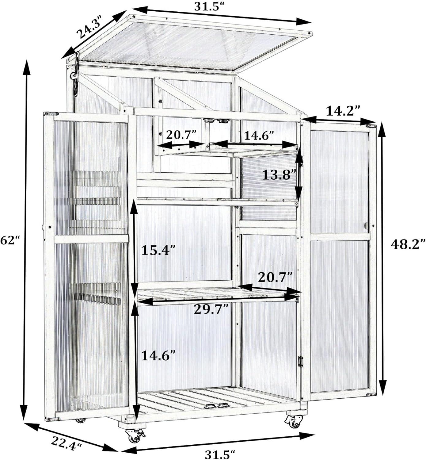 Polibi Wooden Greenhouse, Cold Frame Portable Greenhouse with Wheels and Adjustable Shelves for Indoor Outdoor Patio Balcony Garden, 31.5" Lx22.4 Wx62 H, Black