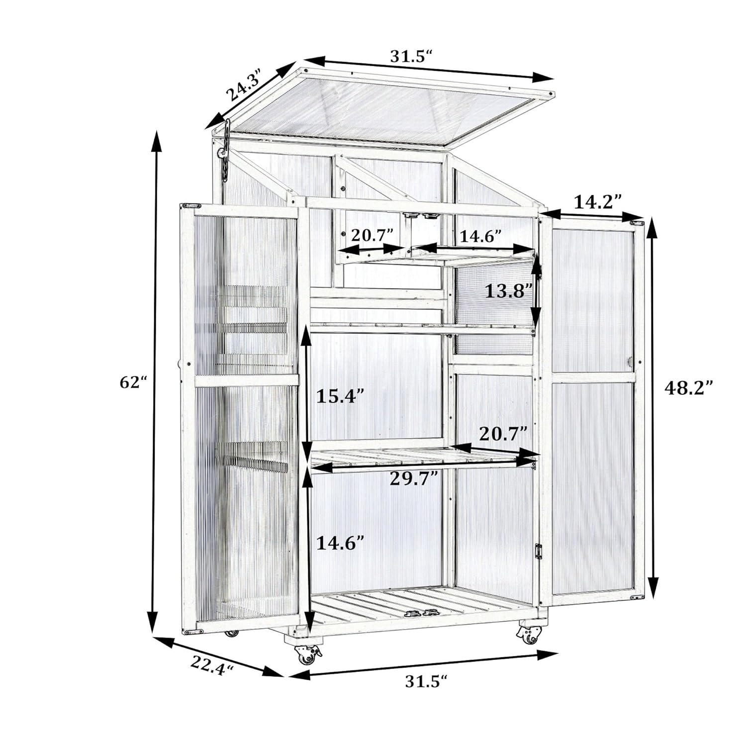 Polibi Wooden Greenhouse, Cold Frame Portable Greenhouse with Wheels and Adjustable Shelves for Indoor Outdoor Patio Balcony Garden, 31.5" Lx22.4 Wx62 H, Black