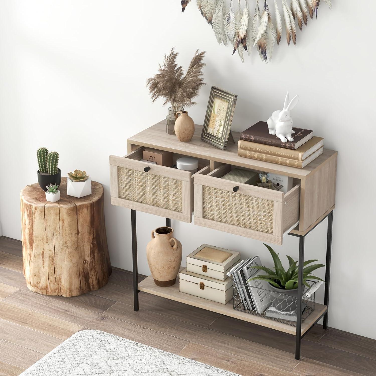Spaco Rattan Console Table Boho Entryway Table with 2 Rattan Drawers and Open Storage Shelf-Oak, Entryway Table Hallway Table, Storage-Friendly Hallway Table for Foyer & Entry Spaces