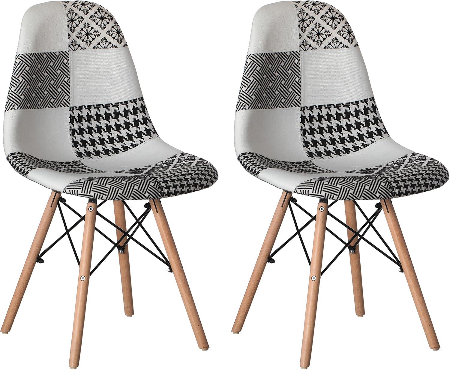 Fabulaxe Modern Fabric Patchwork Chair with Wooden Legs for Kitchen, Dining Room, Entryway, Living Room with Black & White Patterns