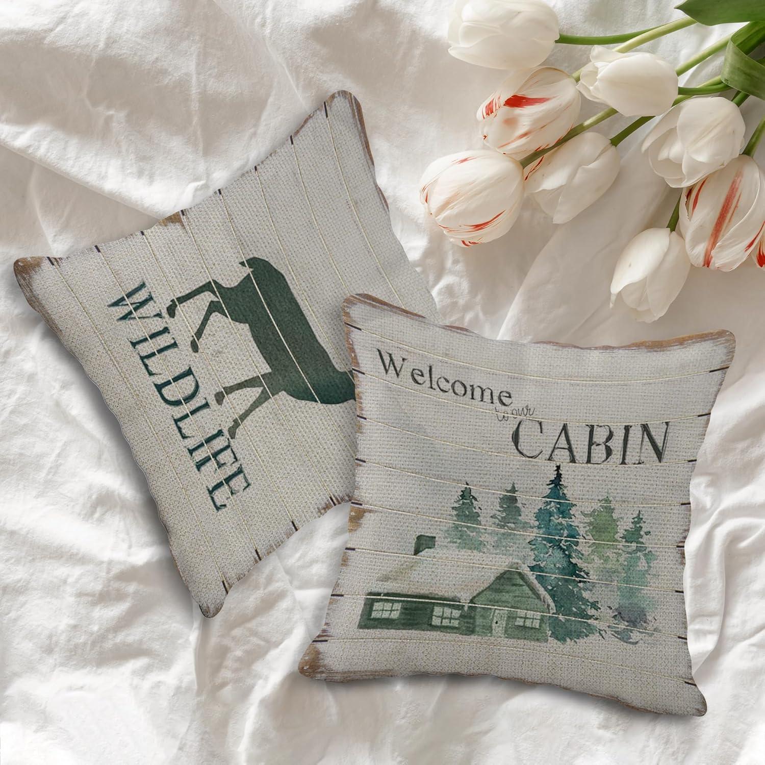 (RB) Life is Better at The Cabin Vintage Wood Grain Throw Pillow Case, 18 x 18 Inch Set of 4, Cabin Outdoor Porch Decorative, Cabin Decor, Cabin Rules Decor, Cabin Pillows Cover for Sofa Couch Bed