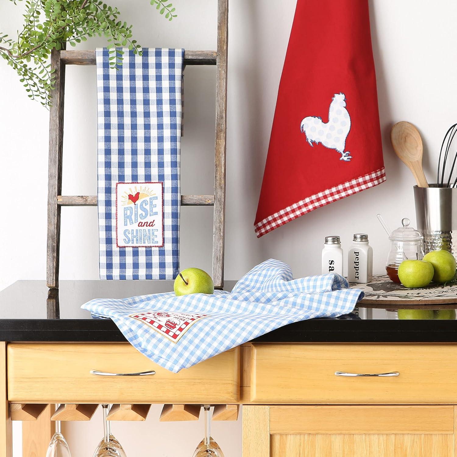 Set of 3 Red and Blue Cotton Embroidered Dishtowels