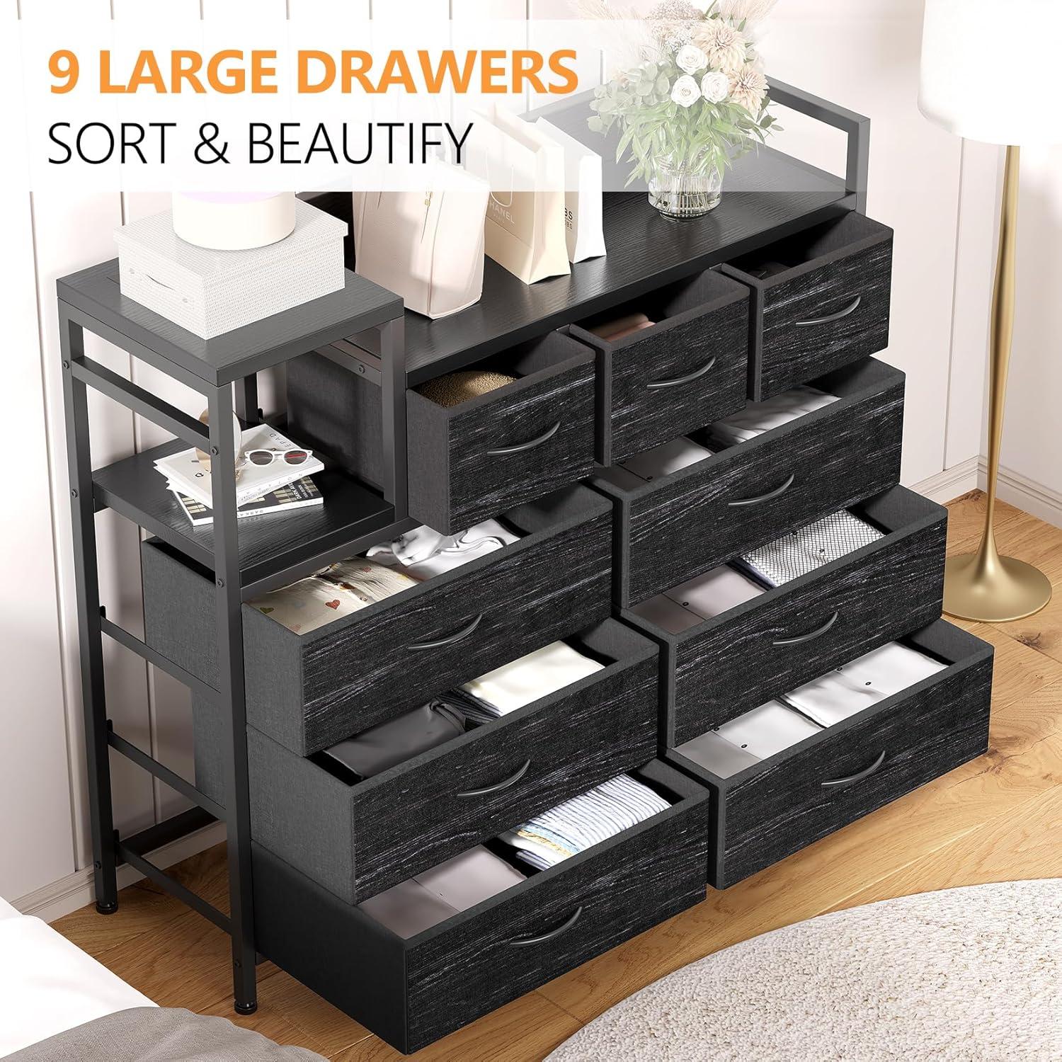 TROPOW TV Stand with Charging Station, Bedroom Dresser for Living Room TV Stand with 9 Drawers, Vintage,Black