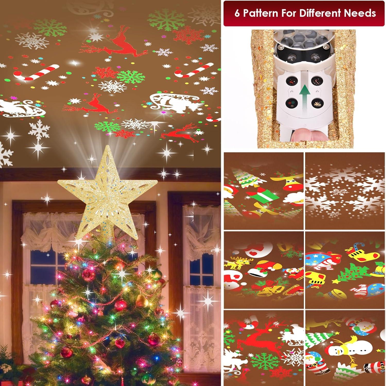 Christmas Tree Topper Lighted, 3D Rotating Pattern Projector for Xmas Tree Topper, 6 Pattern Projection Modes, Built-in LED Projection Light for Christmas Decorations