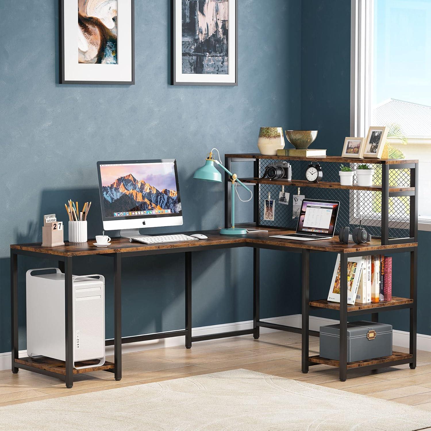 Rustic Brown L-Shaped Wood Corner Desk with Hutch