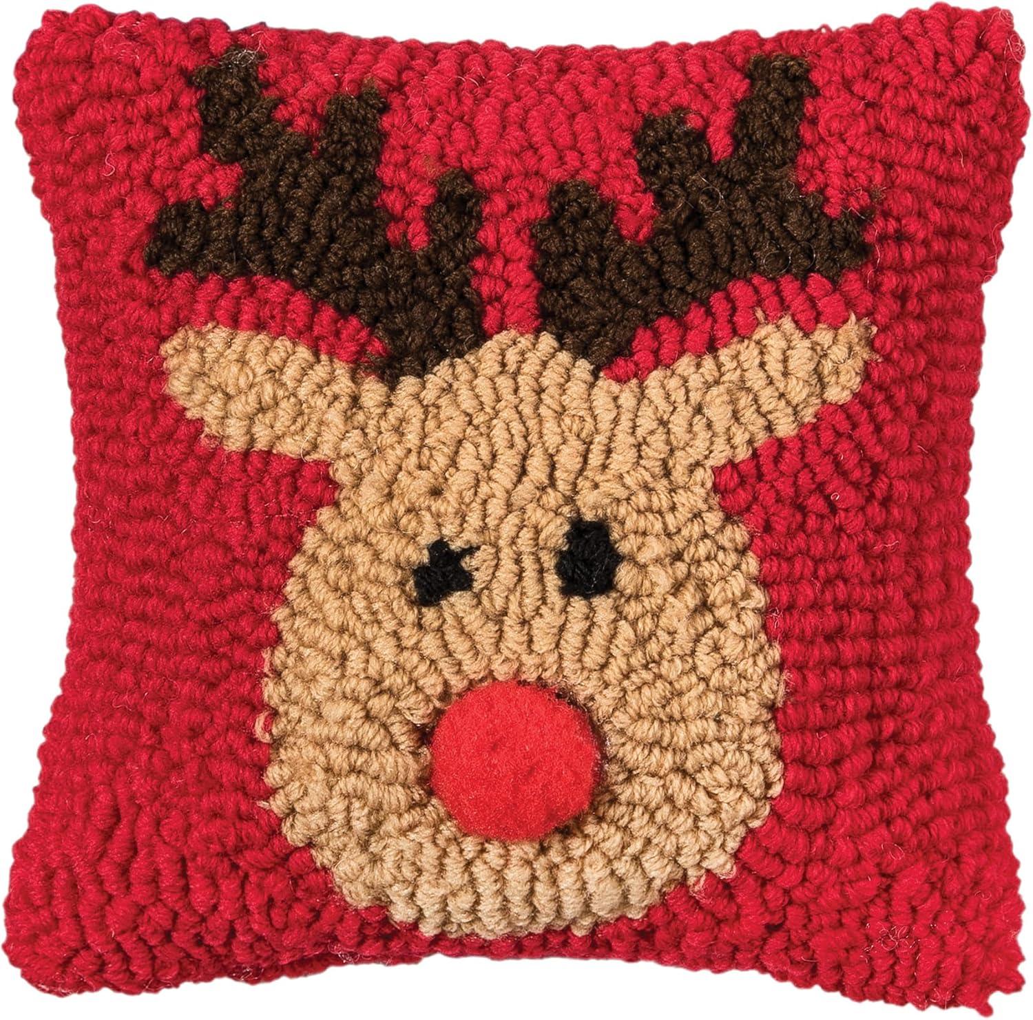 Reindeer Games Reindeer with Red Nose on Red Background Petite Accent Hooked Christmas Pillow