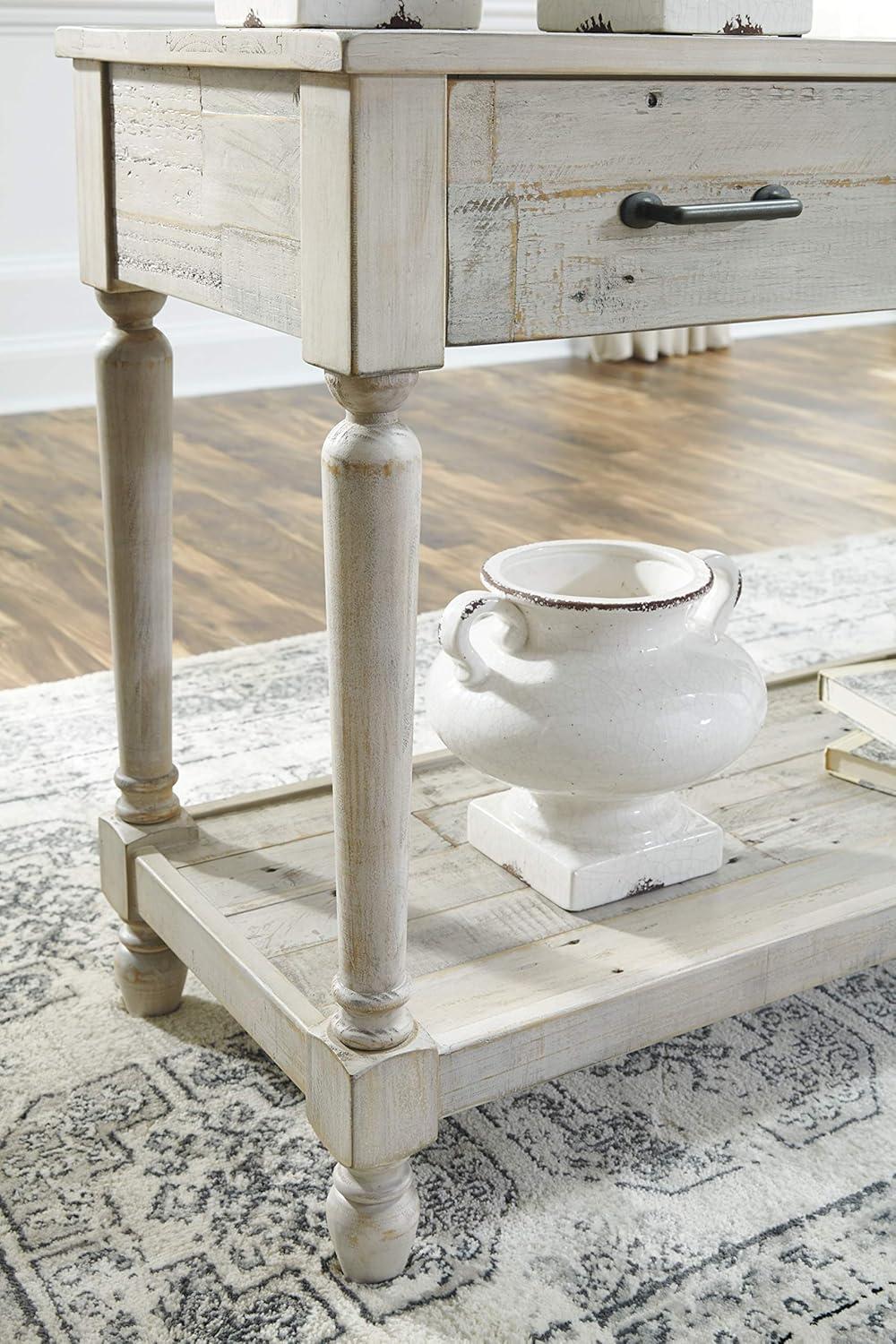 Whitewash Pine Wood Rectangular Console Table with Storage