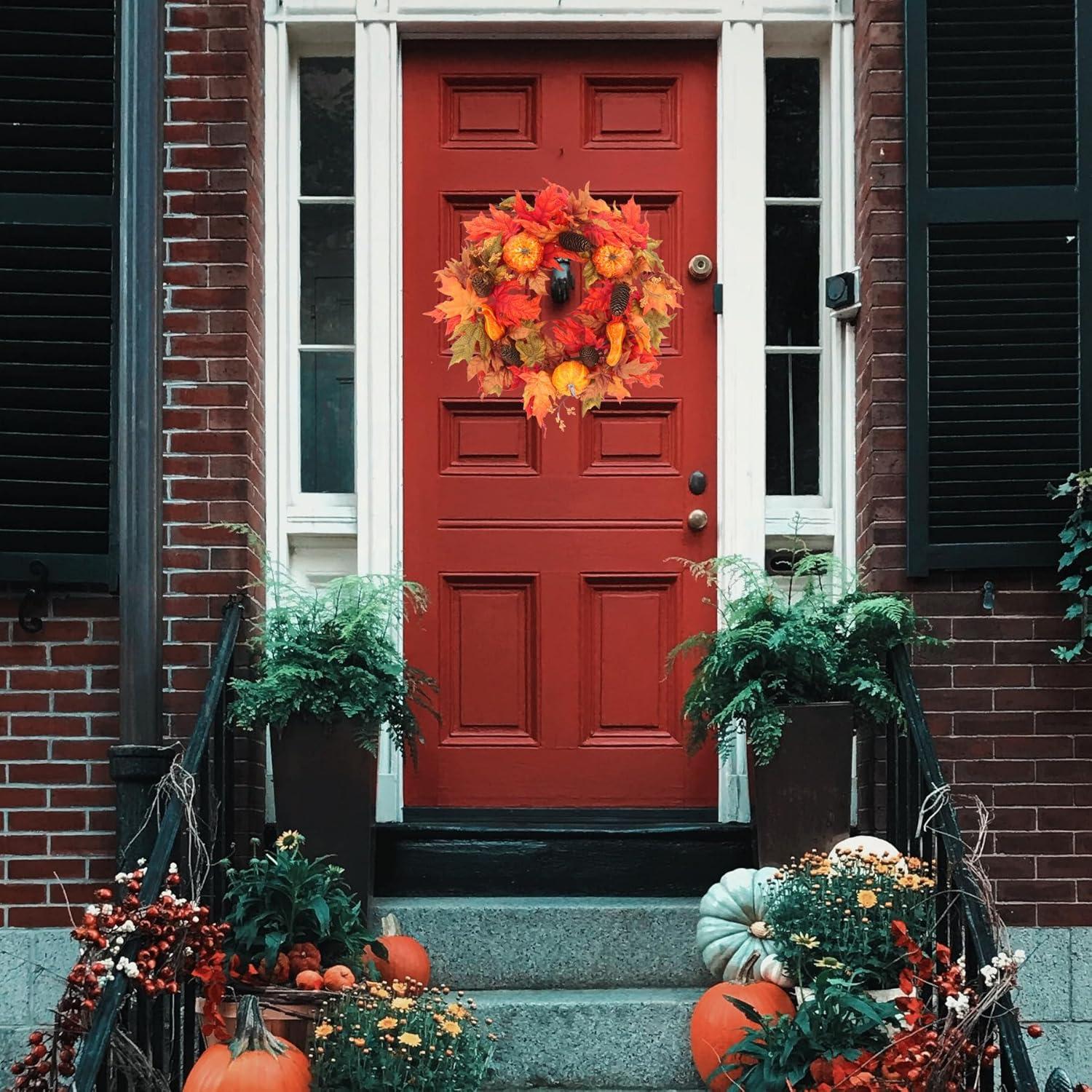 Fall Wreath 20’’ Autumn Front Door Wreath Harvest Wreath with Sunflower Pumpkins Berries Maple Leaves Daisies for Outside Indoor Home Wall Festival Thanksgiving Autumn Farmhouse Decor