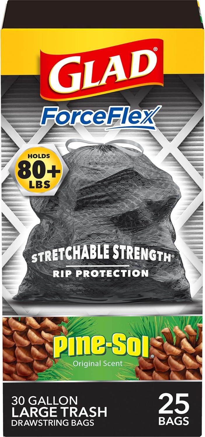 Glad Large Drawstring Trash Bags, Forceflex 30 Gallon Black Trash Bags, 25 Count