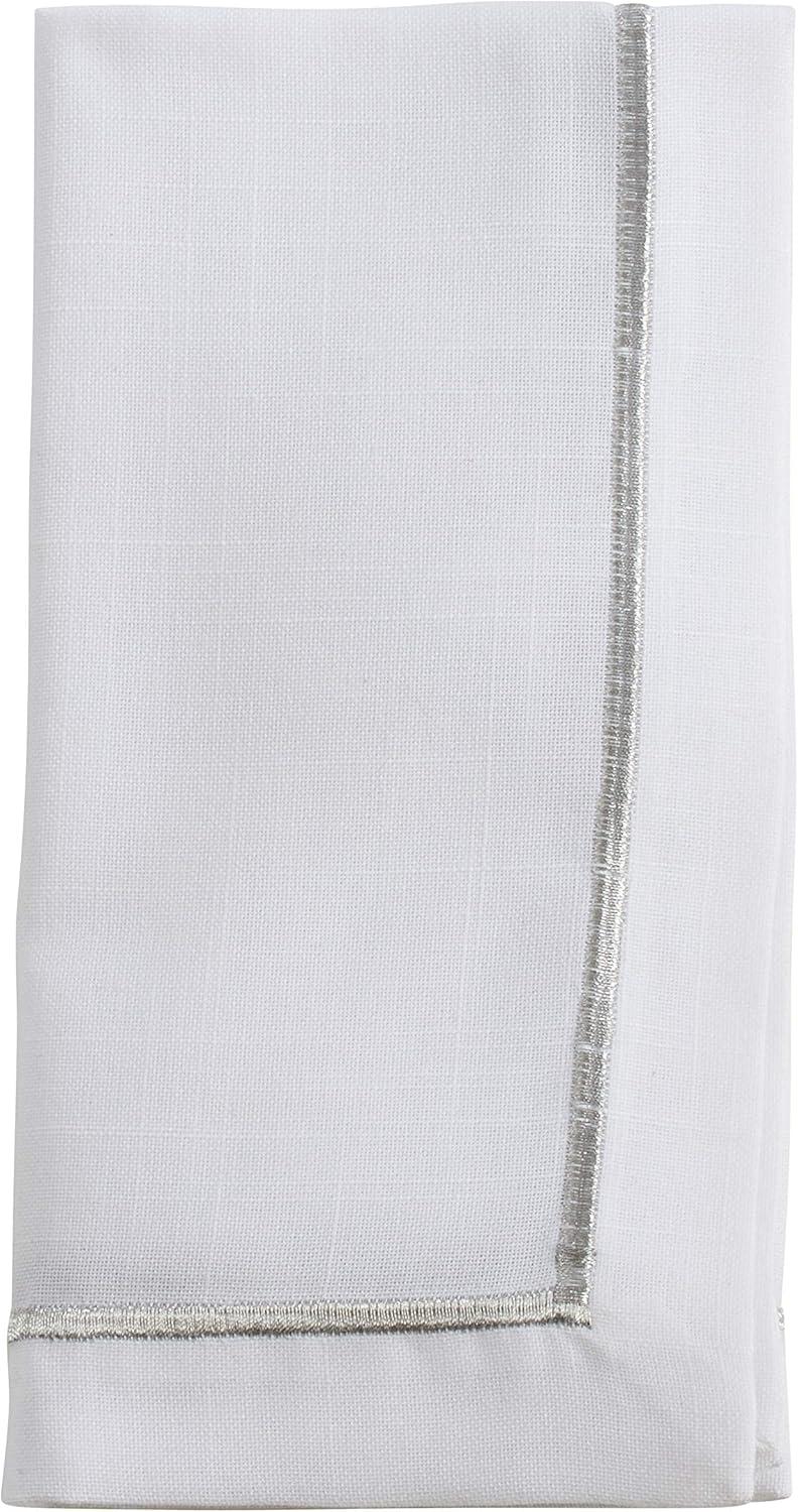 White and Silver Embroidered Polyester Dinner Napkin Set