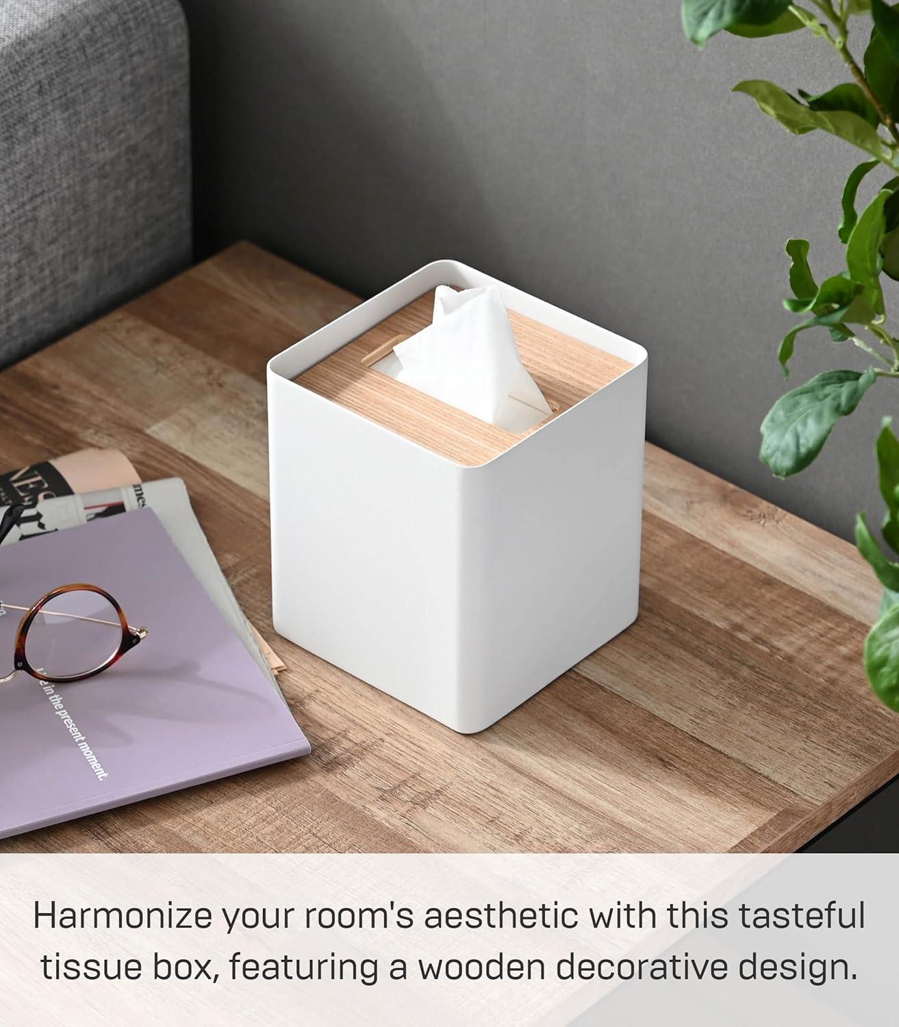 Yamazaki Home Yamazaki Home Square Reusable Tissue Box Cover Metal Container Case With Natural Wooden Lid,, Steel