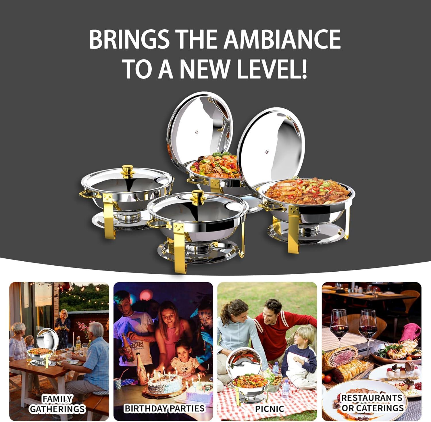 Ktaxon 4 Pack Chafing Dish for Buffet with Lid Holder, 5 Quart Stainless Steel Buffet Set, Round Chafers and Warmers Sets for Party, Catering, Wedding, Banquet, Graduation