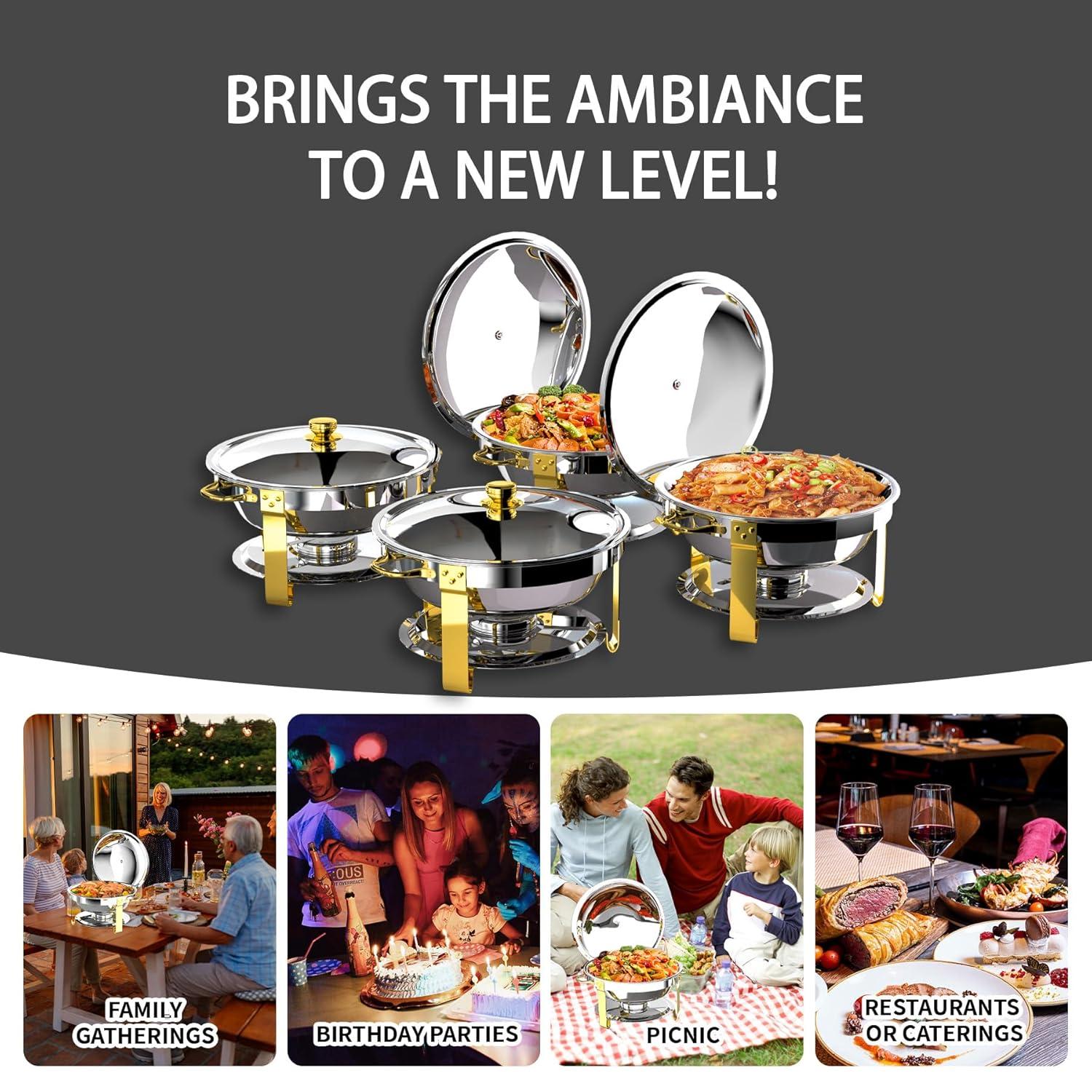 Ktaxon 4 Pack Chafing Dish for Buffet with Lid Holder, 5 Quart Stainless Steel Buffet Set, Round Chafers and Warmers Sets for Party, Catering, Wedding, Banquet, Graduation