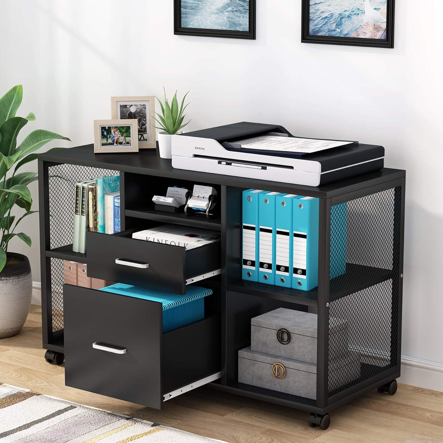 Black Modern 2-Drawer Mobile File Cabinet with Open Shelves