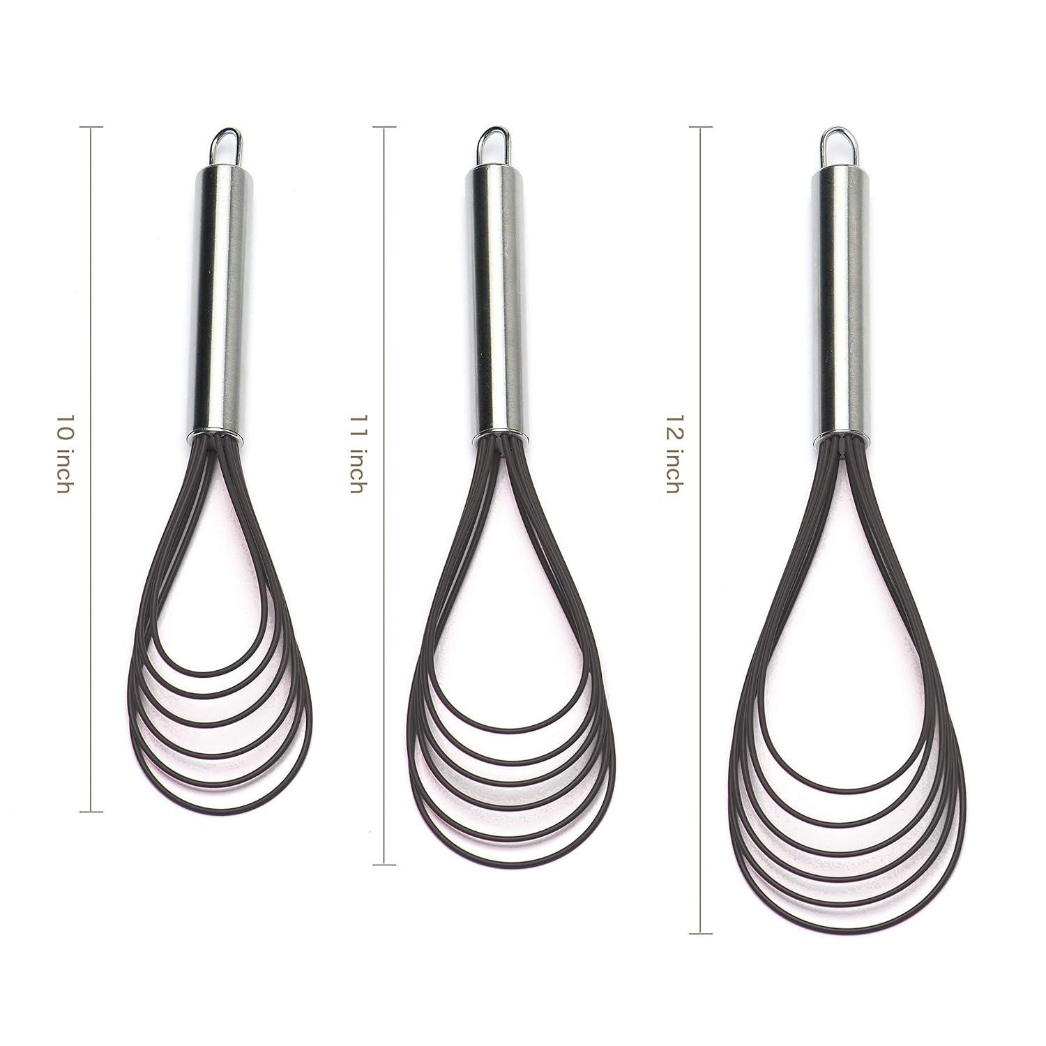 Flat Whisks Stainless Steel,3 Pack 10''+11''+12'' Set Premium Sturdy-6 Silicone Heads Non Stick Wires Whisk for Blending Beating Stirring Kitchen Cooking Color Grey