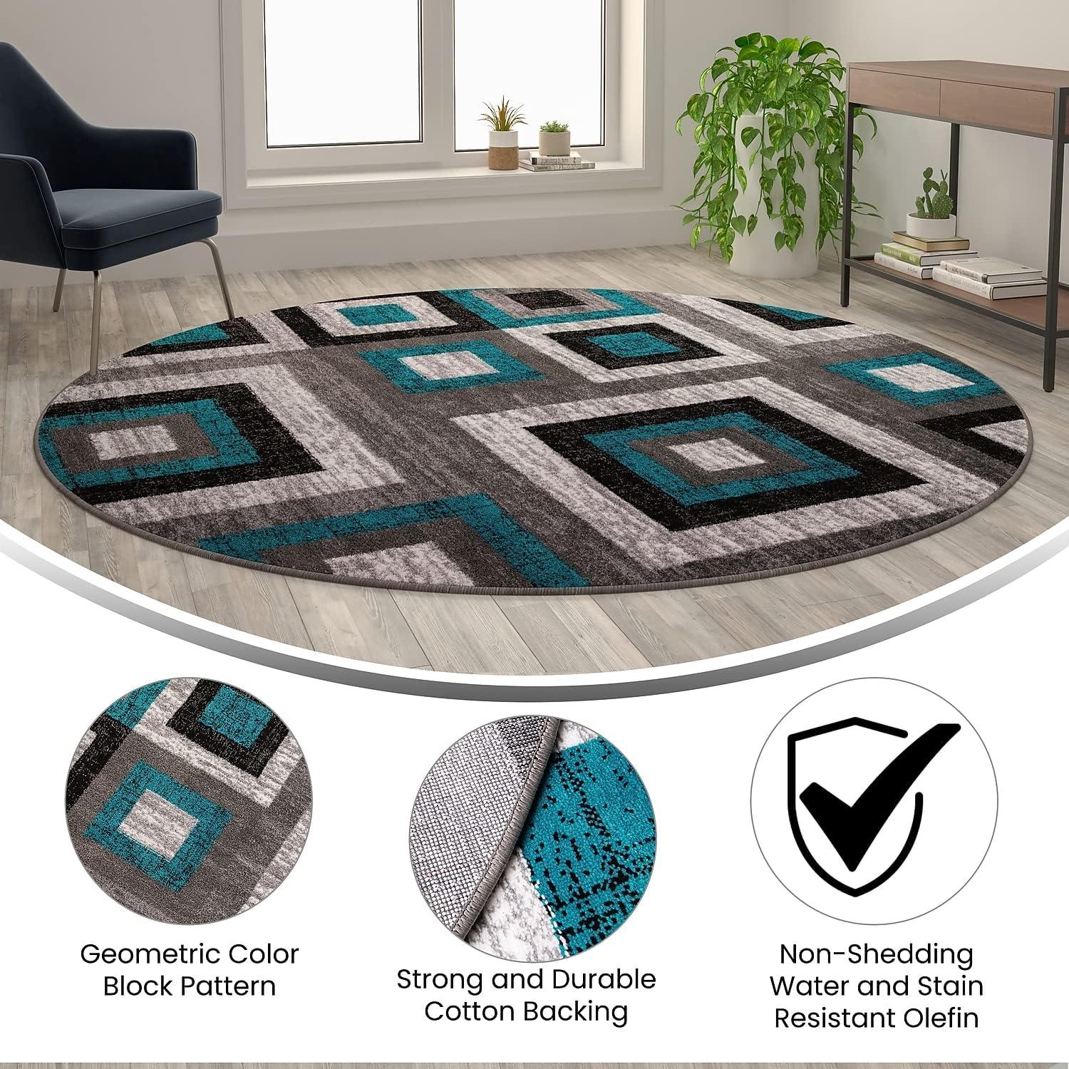 Modern Geometric 8' Round Area Rug in Turquoise, Grey, and White with Cotton Backing