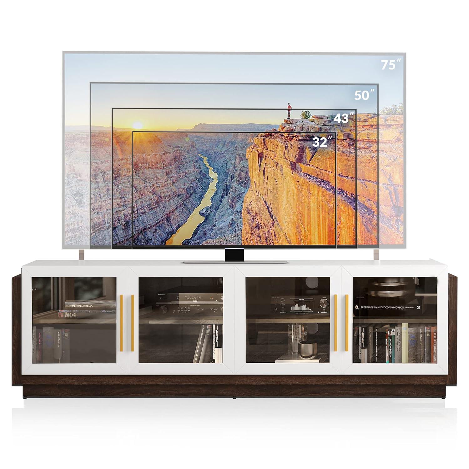 BELLEZE 70" TV Stand for TVs up to 75", Modern TV Stand & Entertainment Center with Shelves, Wood Storage Cabinet for Living Room or Bedroom - Brixston (White)
