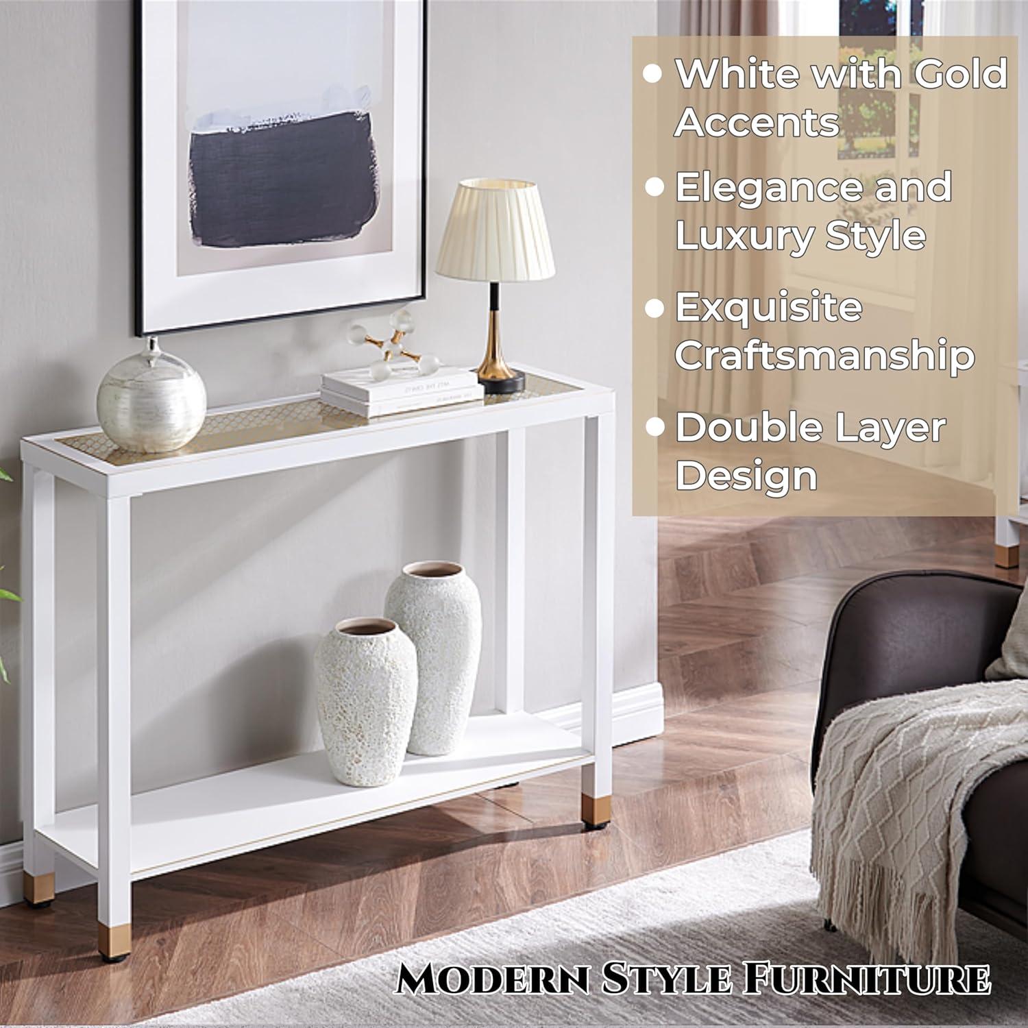 White and Gold 2-Layer Glass Console Table with Storage