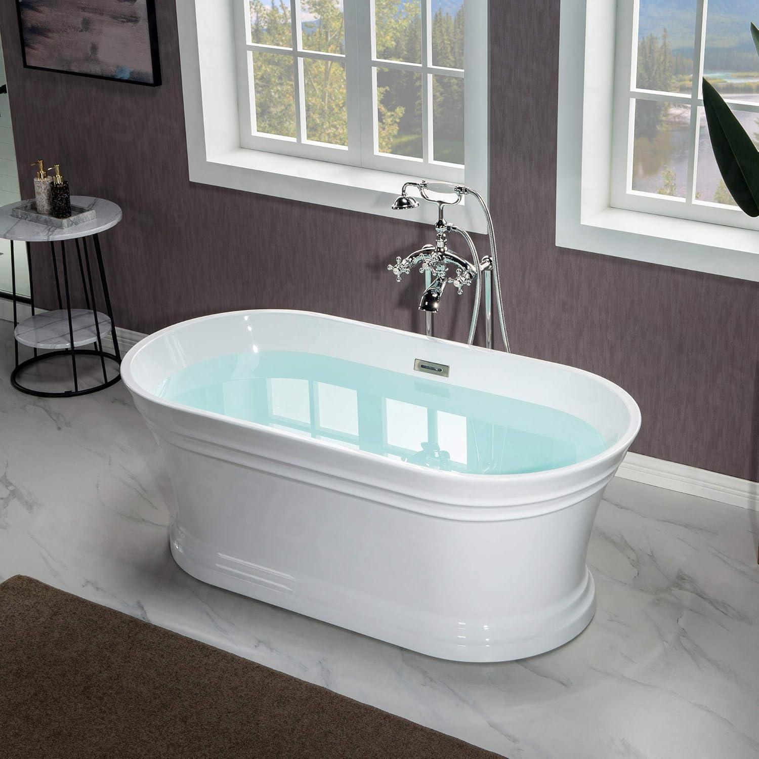 Woodbridge 59'' Freestanding White Acrylic Soaking Bathtub with Brushed Nickel Drain