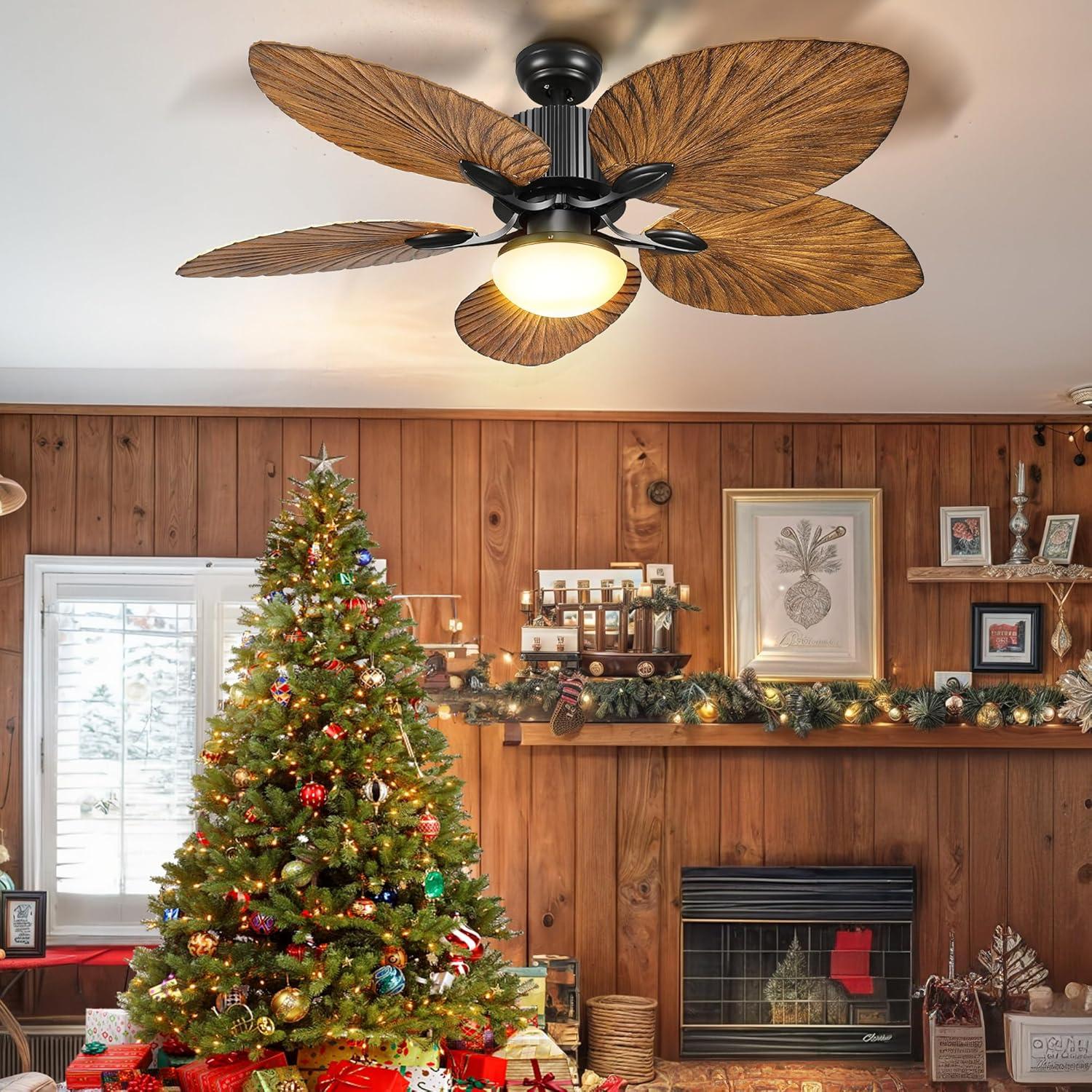 52 Inch Black and Brown Tropical Ceiling Fan with LED Light and Remote