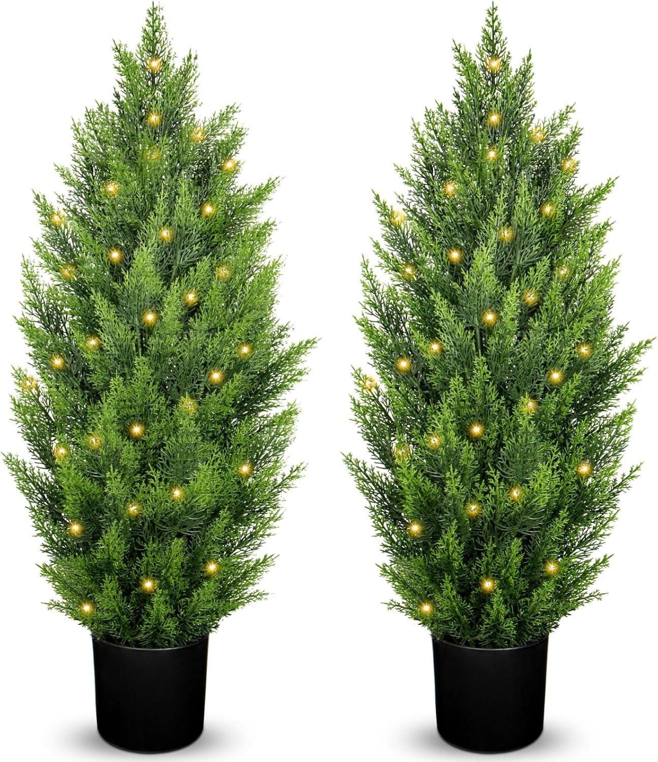 2 Pack 3ft Artificial Cedar Topiary Trees for Outdoors, Fake Cypress Plants with Solar Light String, Faux uv resistant Plants for Home Front Porch Decor, Housewarming Gift