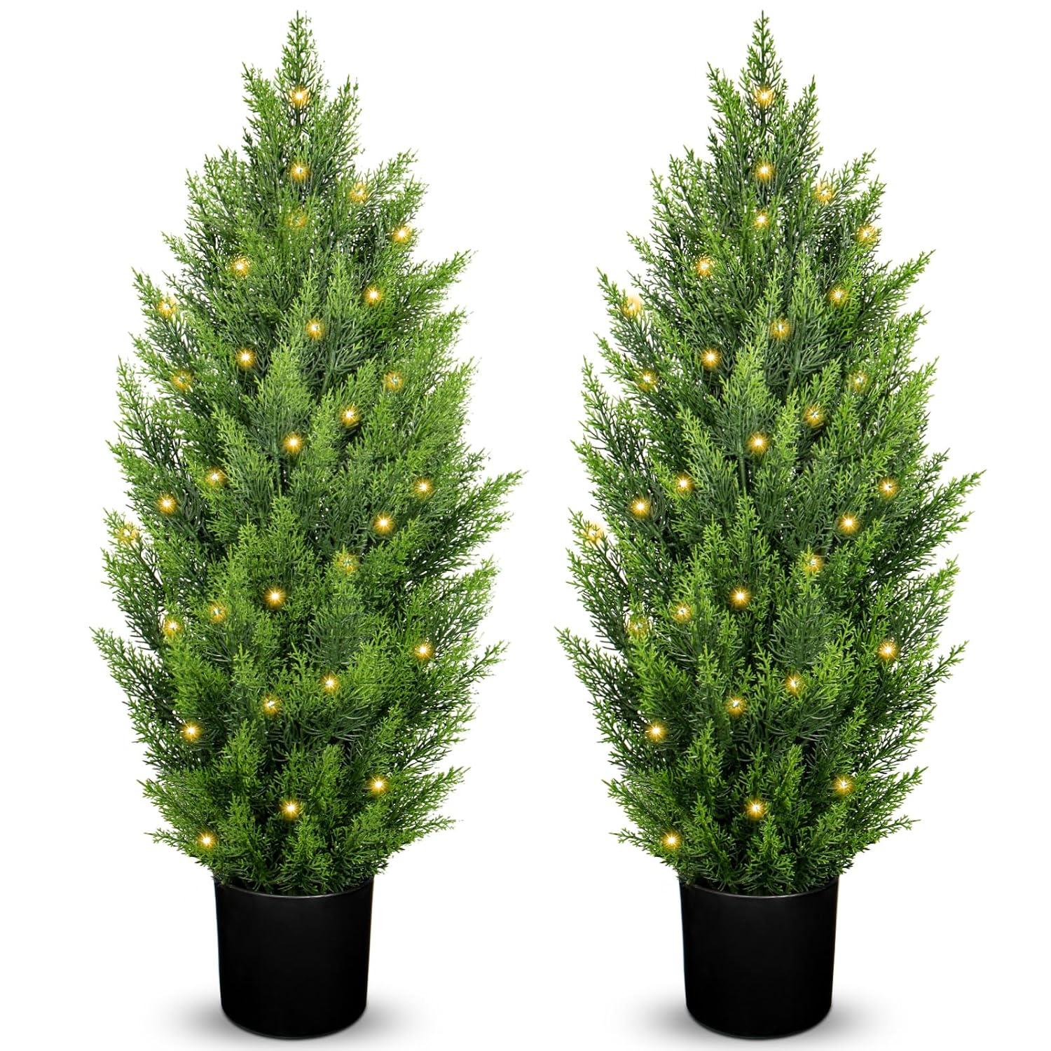 2 Pack 3ft Artificial Cedar Topiary Trees for Outdoors, Fake Cypress Plants with Solar Light String, Faux uv resistant Plants for Home Front Porch Decor, Housewarming Gift