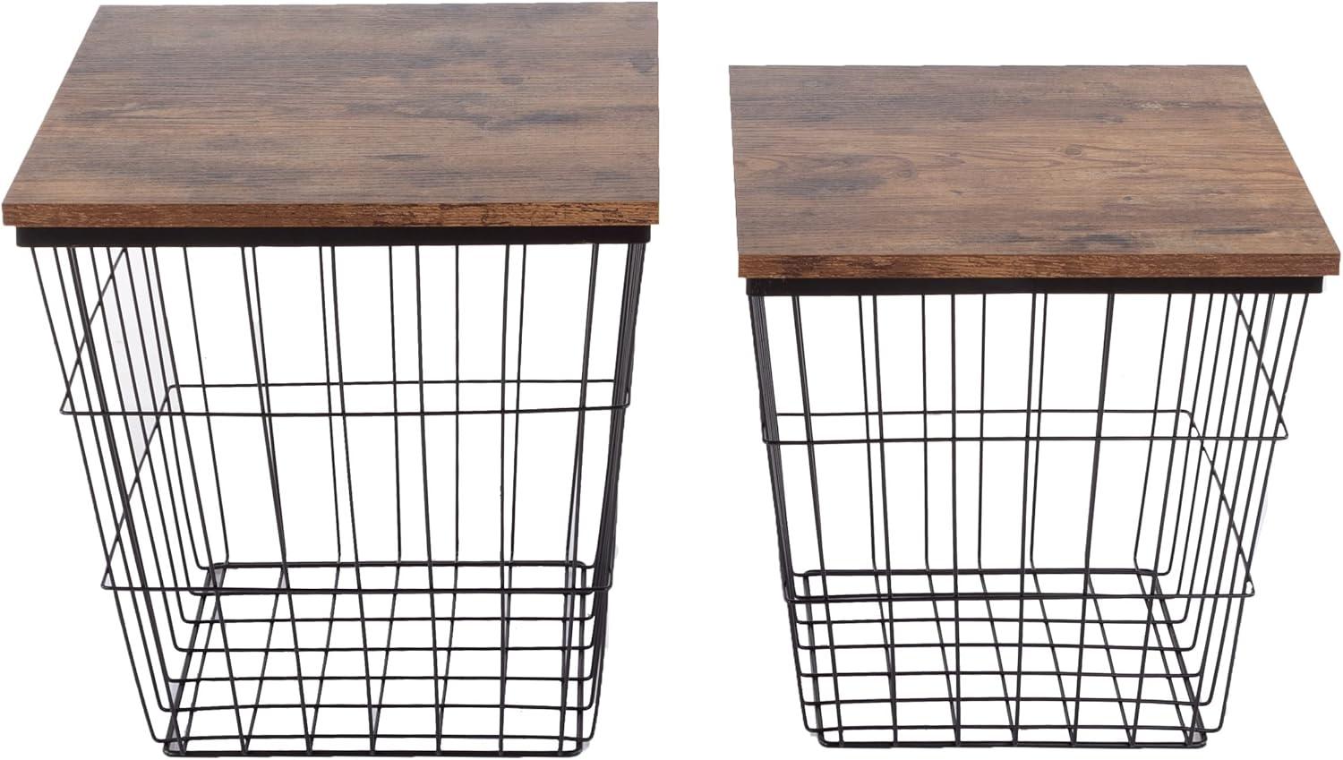 End Table with Storage – Set of 2 Nesting Tables – Square Wire Basket Base and Wood Tops – Industrial Farmhouse Style Side Table by Lavish Home