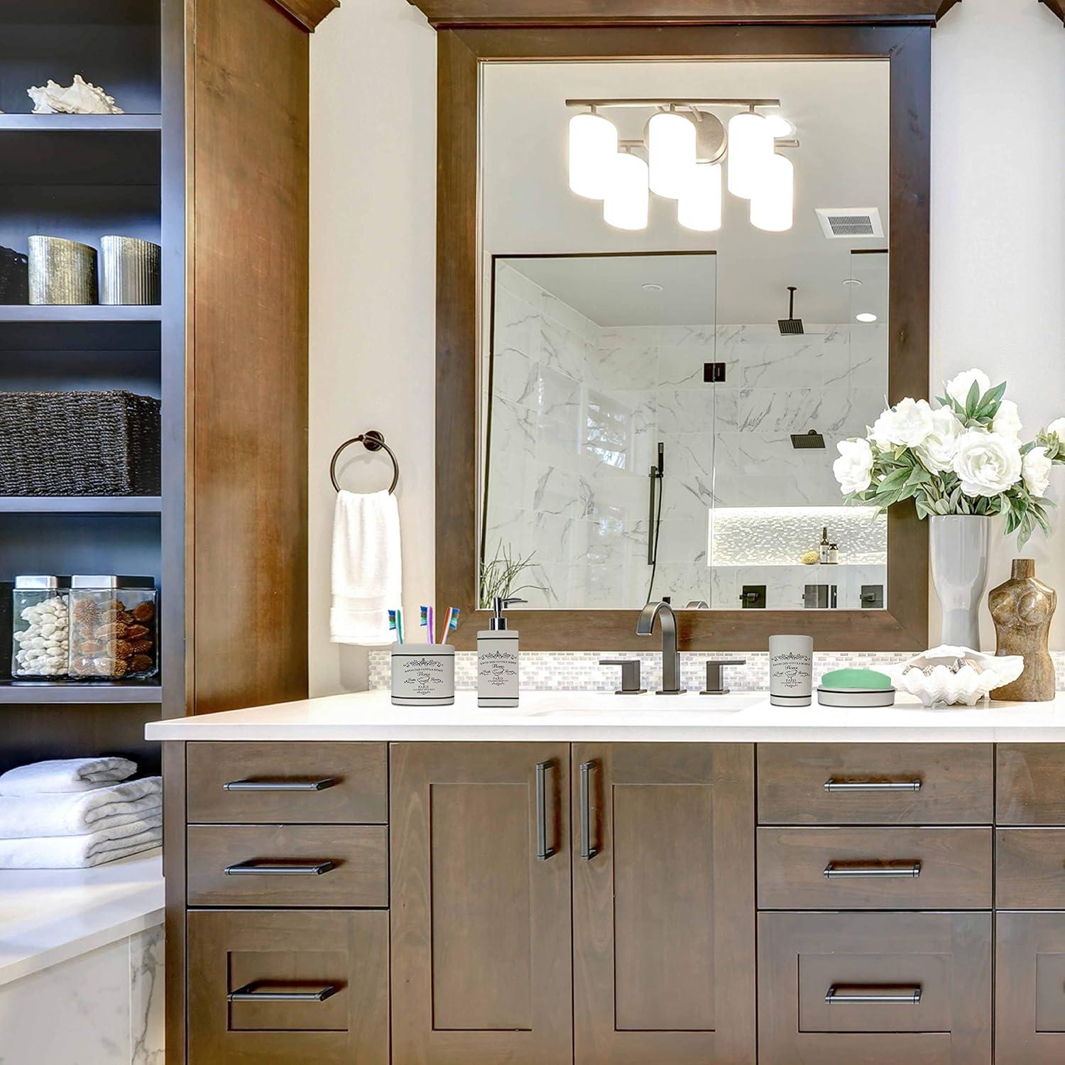 Blue Donuts 4 Piece Bathroom Accessories Set - Heavy Duty Ceramic Paris Bathroom Accessory Set Includes Hand Soap Dispenser, Toothbrush Holder, Soap Dish, Tumbler, Cream