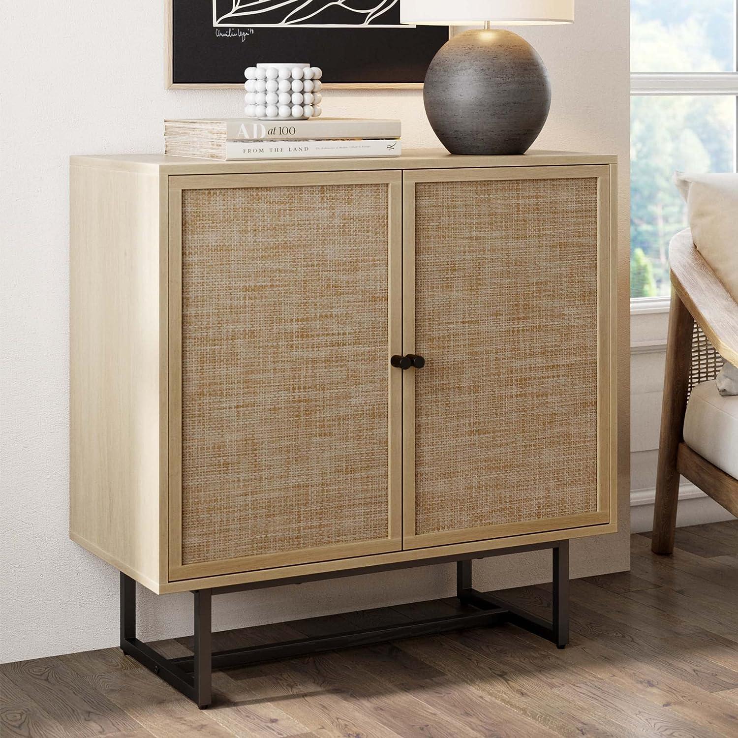 Light Oak and Cane Freestanding Storage Cabinet with Adjustable Shelves