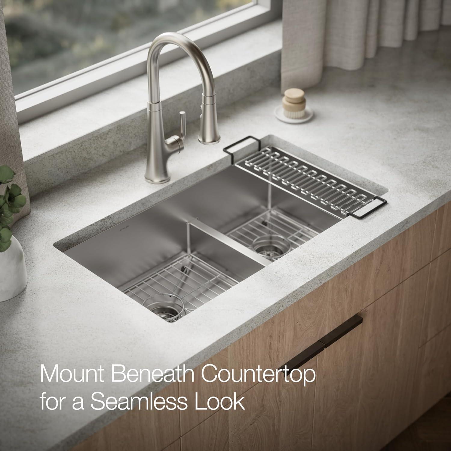 Strive 32" L x 18-5/16" W x 9-5/16" Smart Divide Under-Mount Large/Medium Double-Bowl Kitchen Sink with Basin Rack