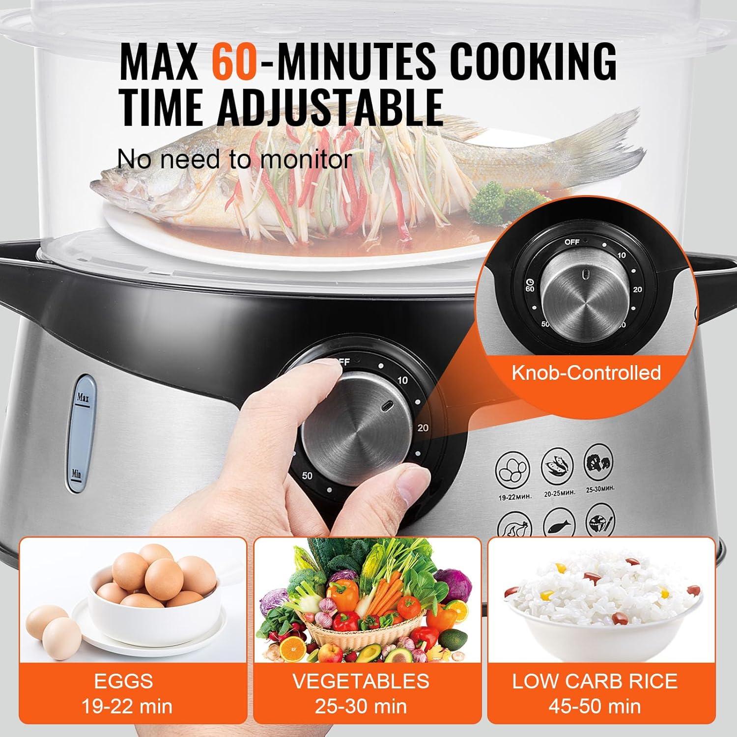 Black 9.5 Qt Electric Food Steamer with 3 Stackable Trays