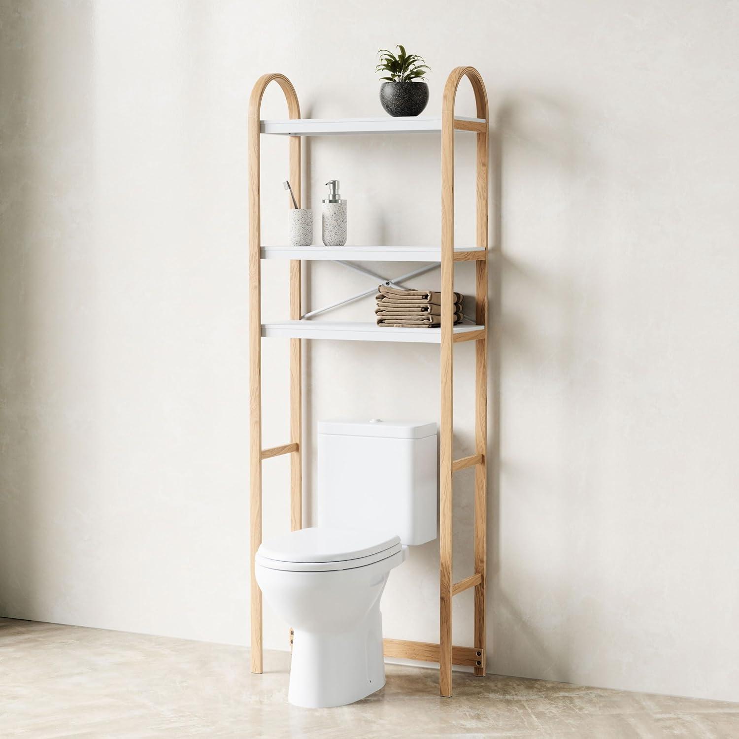 White and Natural Wood Over-the-Toilet Storage Shelf