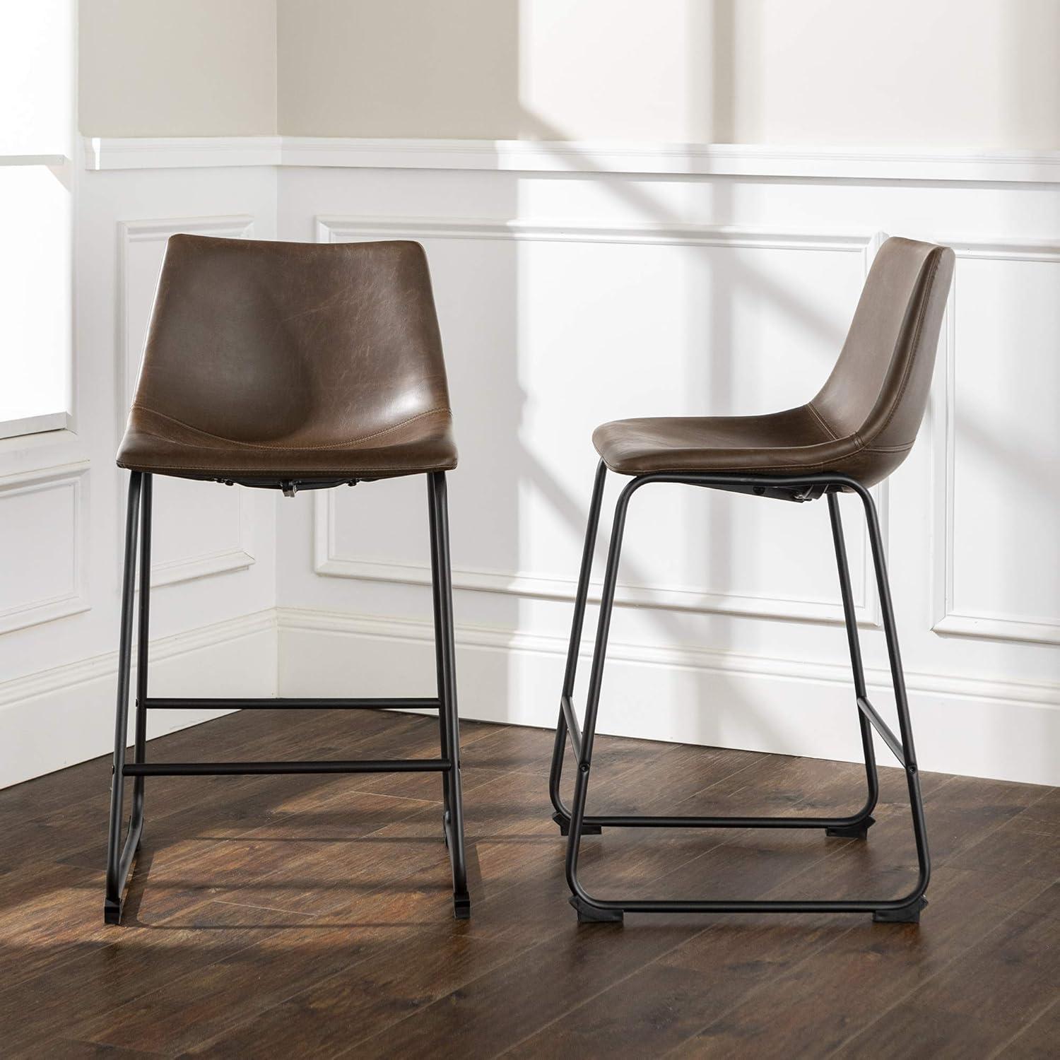 Walker Edison Full Back Faux Leather Counter Stools, Brown, Set of 2