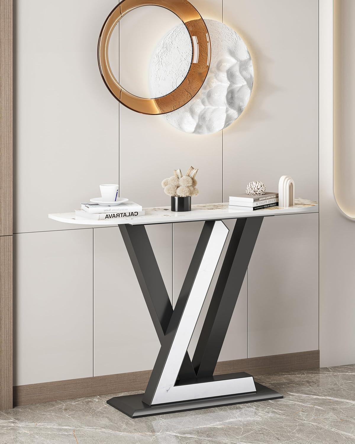 47.24'' Modern Console Table, Sintered Stone Narrow Entryway Table with Geometric Shape Metal Base for Entrance, Living Room, Hallway