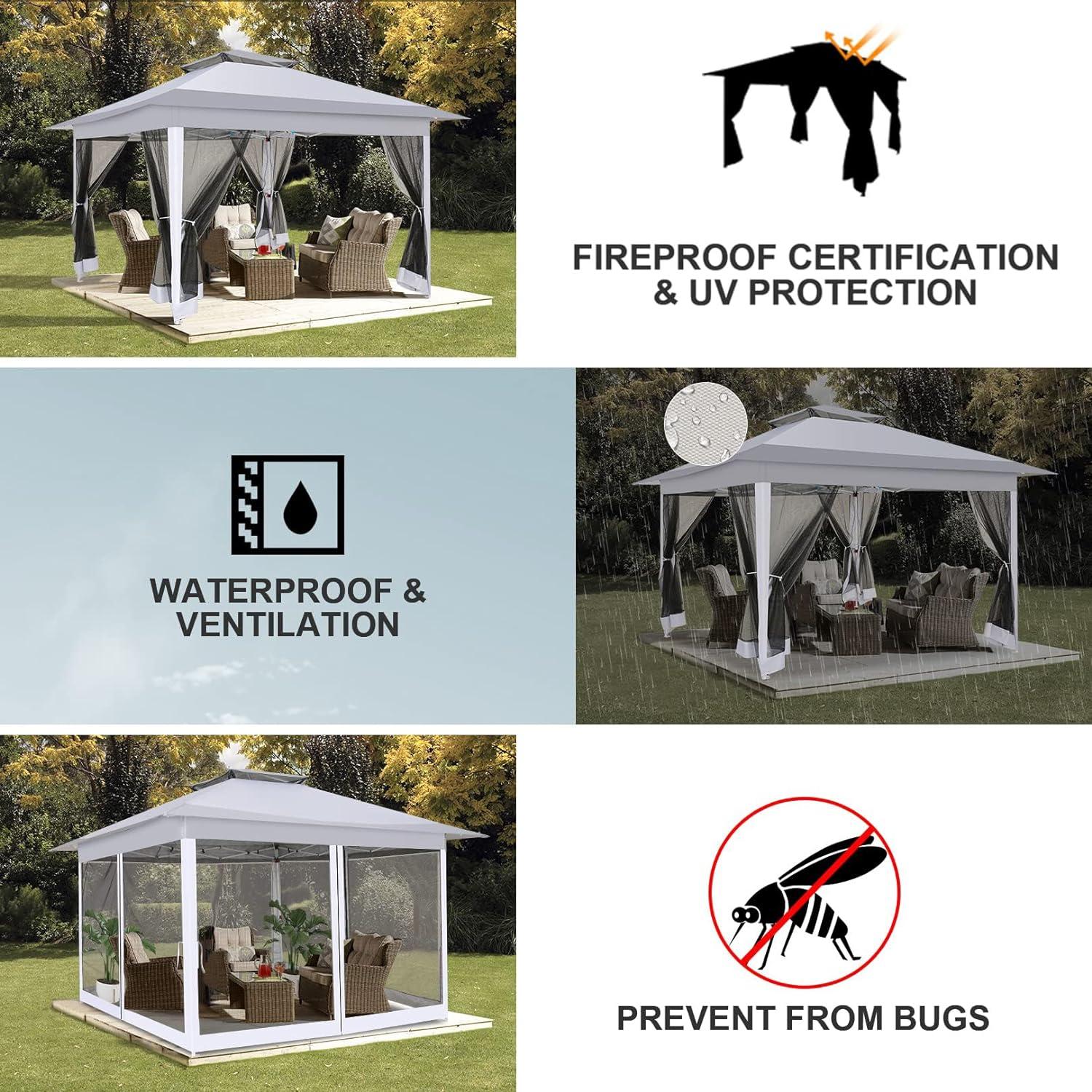 COBIZI 12'x12' Pop-up Gazebo Patio Gazebo Outdoor Gazebo Canopy with Mosquito Netting Patio Tent Backyard Canopy with 2-Tiered Vented Top 3 Adjustable Height and 144 Square ft of Shade, Gray