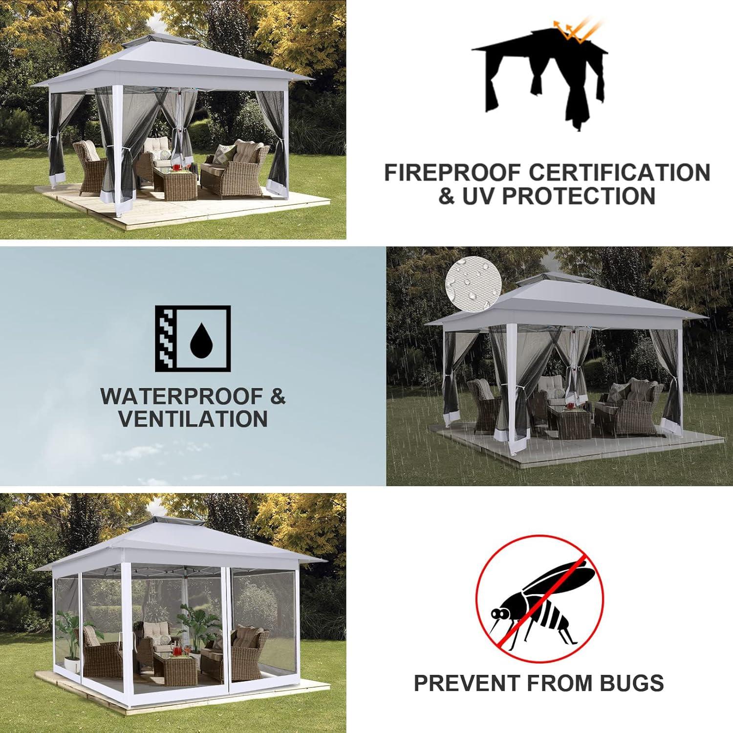 COBIZI 12'x12' Pop-up Gazebo Patio Gazebo Outdoor Gazebo Canopy with Mosquito Netting Patio Tent Backyard Canopy with 2-Tiered Vented Top 3 Adjustable Height and 144 Square ft of Shade, Gray