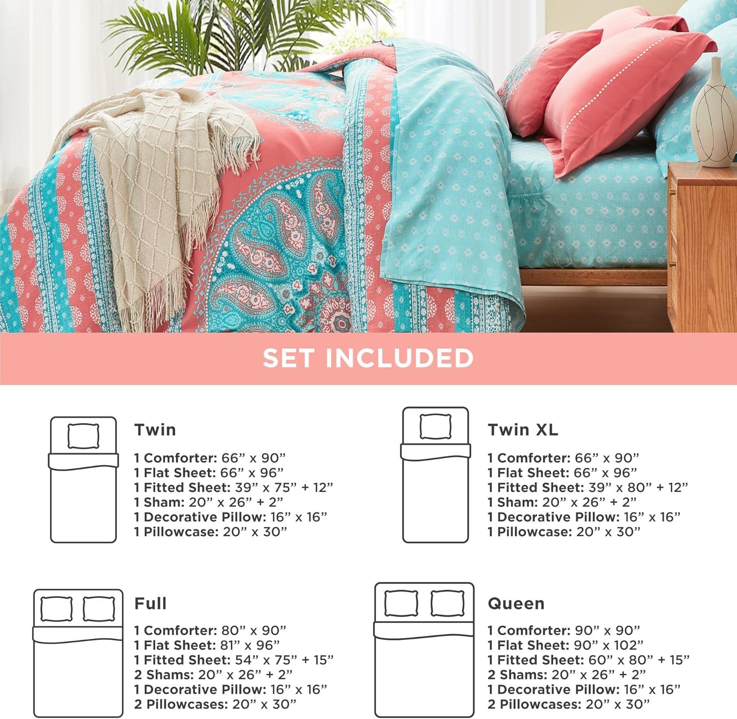 Boho Coral and Aqua Microfiber Queen Bed-in-a-Bag Set
