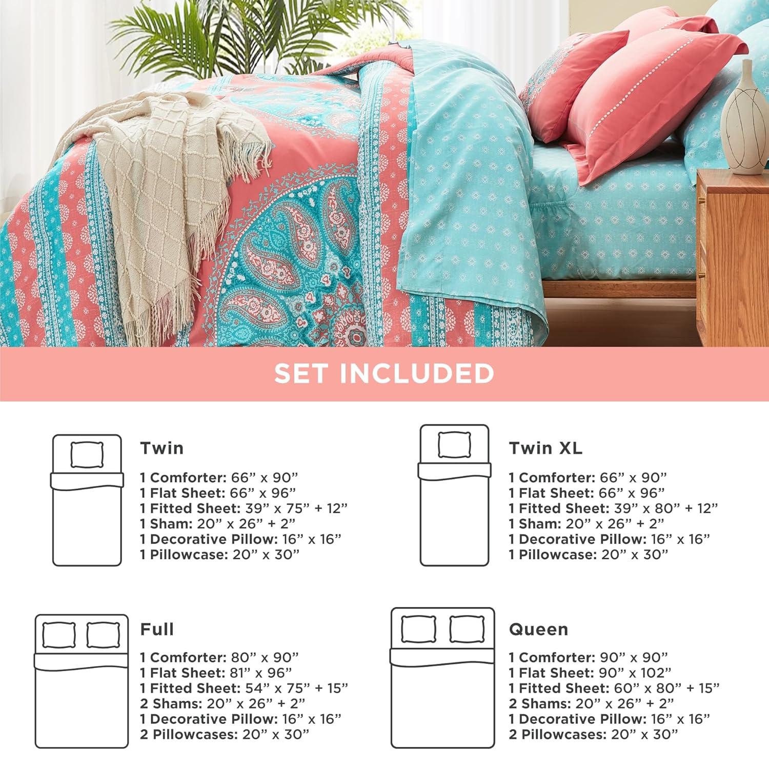 Boho Coral and Aqua Microfiber Queen Bed-in-a-Bag Set