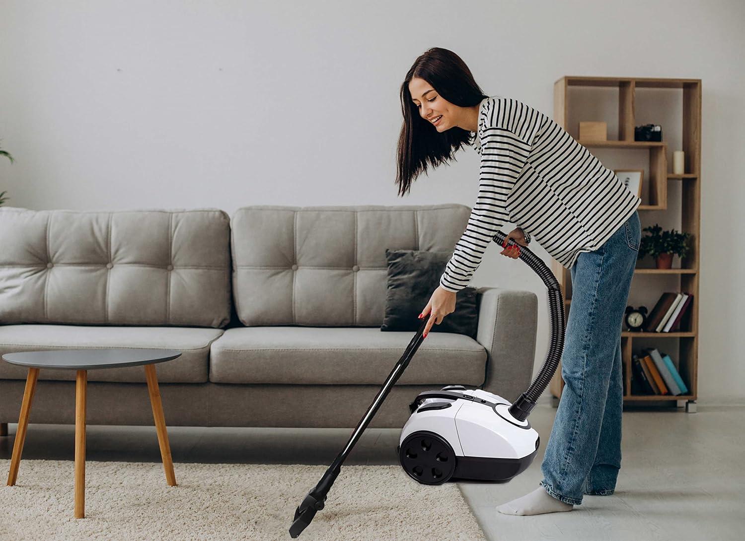 Impecca Lightweight Bagged Canister Vacuum Cleaner for Carpets, Rugs, Hard Floors, Upholstery, etc W/Powerful 1000W Motor, 2L Dust Capacity, Includes 6 Cleaning Tools + 3 Bags - White